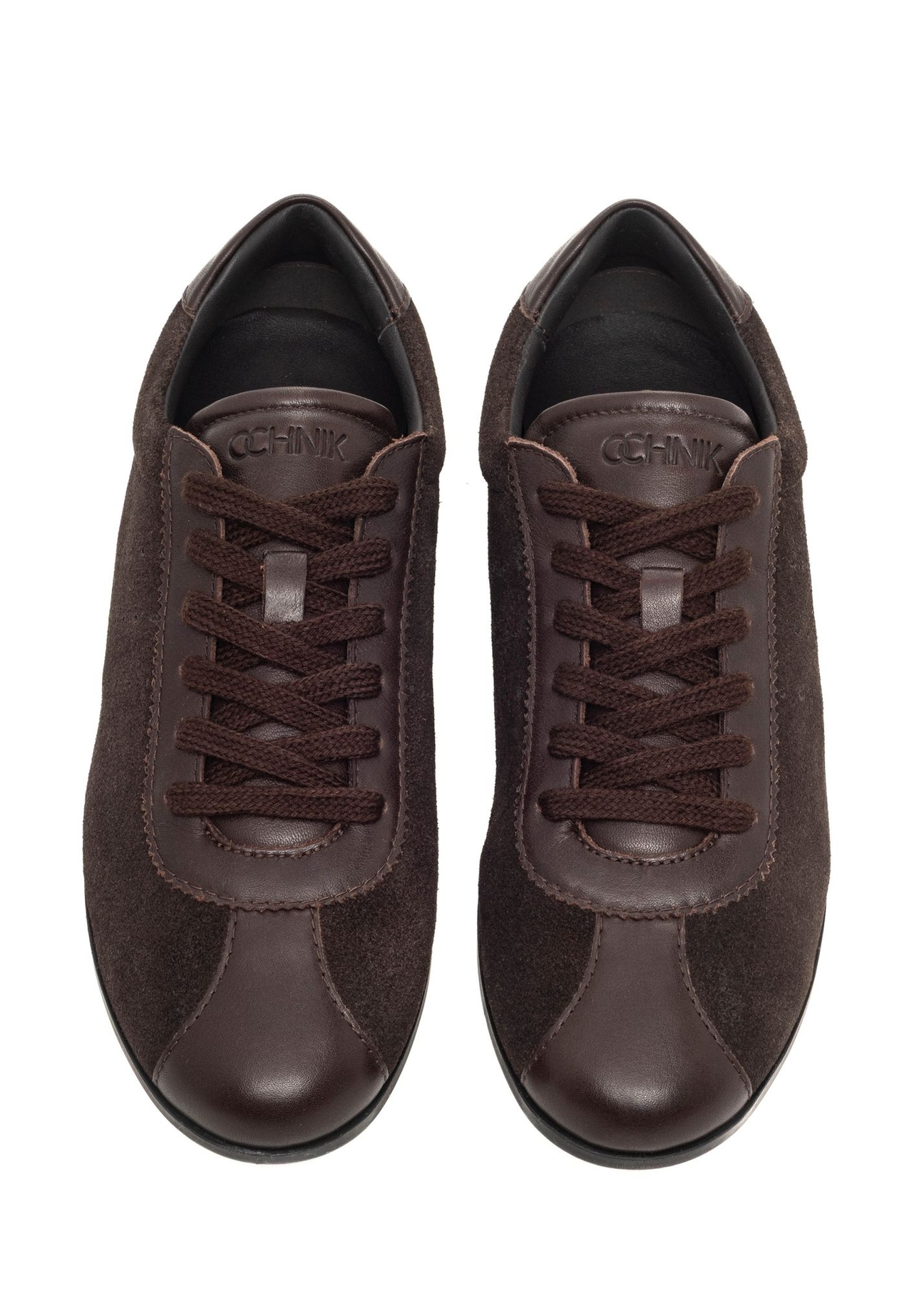 Dark brown women's leather sneakers BUTYD-1293-1I(Z26) - product view from above, on a white background.