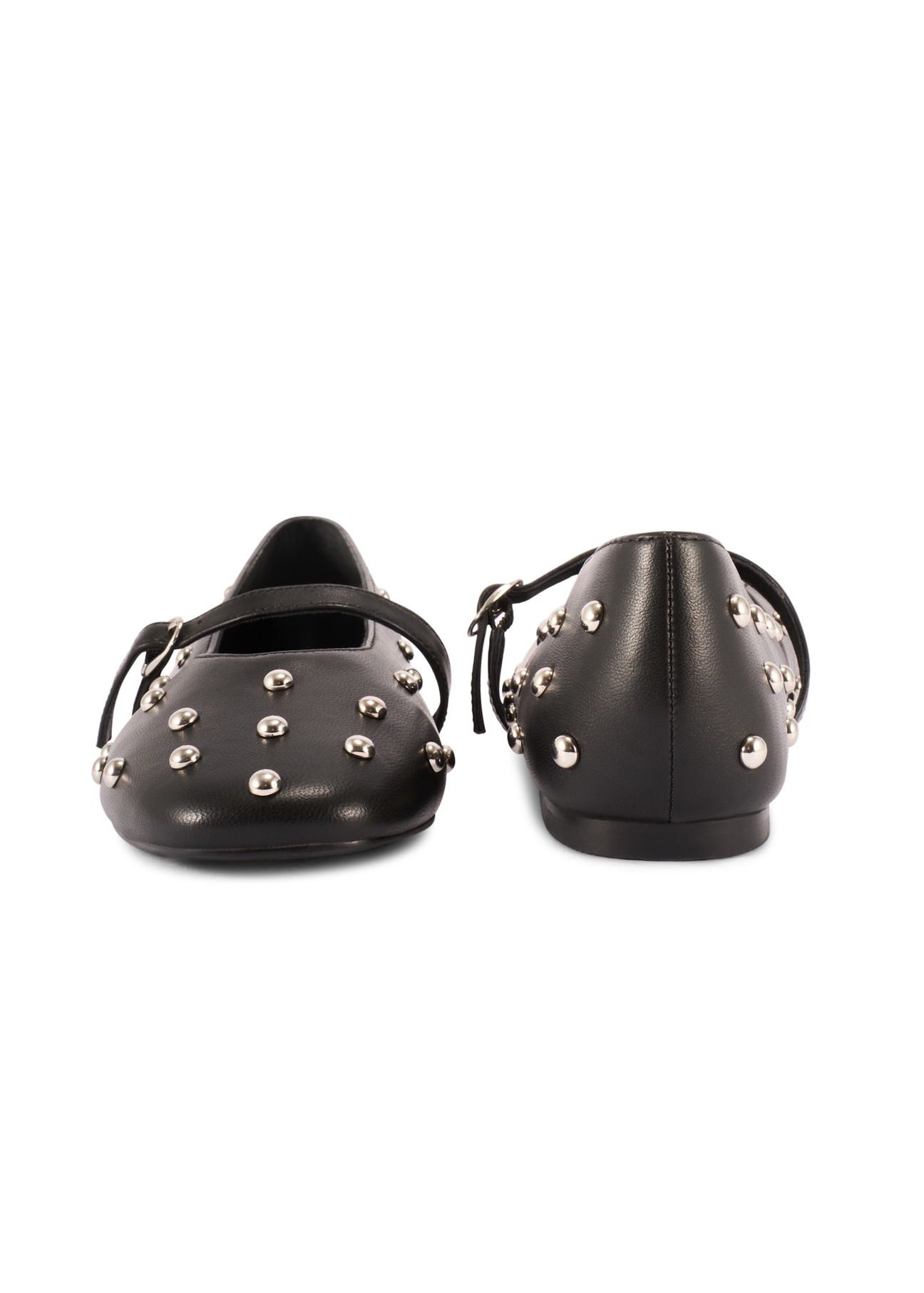 Women's black leather ballet flats with rhinestones BUTYD-1235-99(W26), front and back product view on white background.