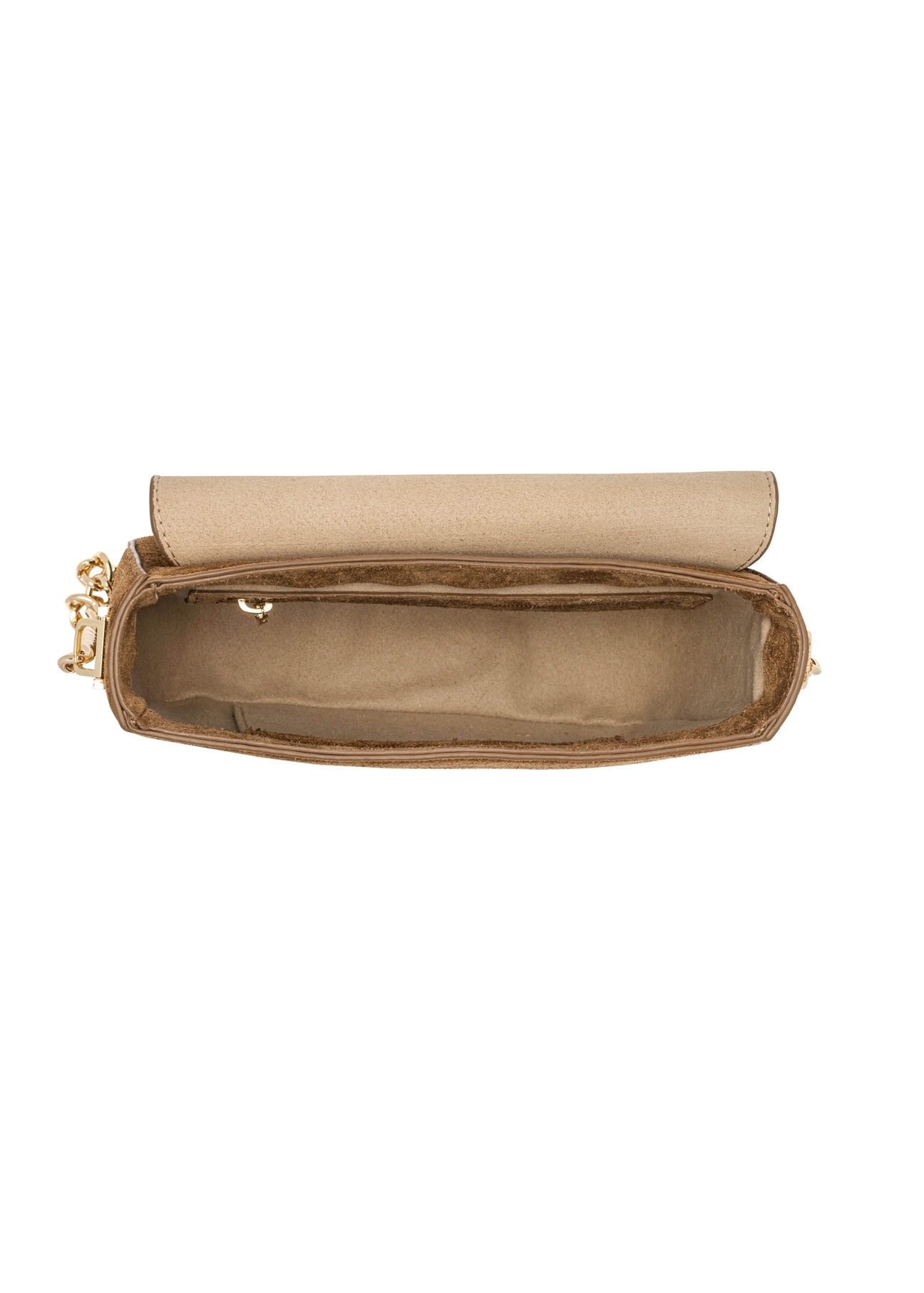 Women's suede messenger bag in camel color TORES-1304-1D(W26) - product view from above, on a white background.