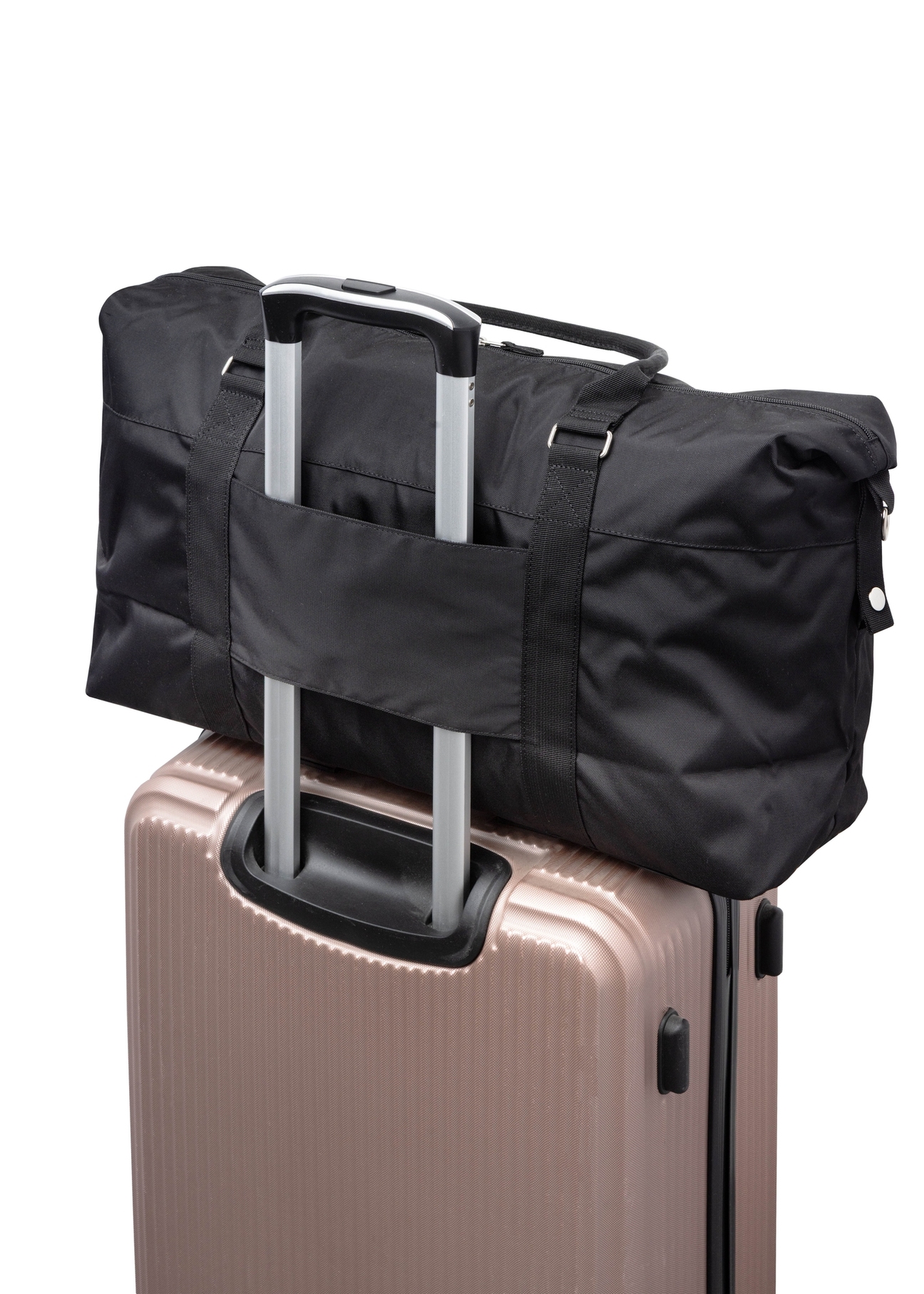 Black travel bag TORMN-0382-99(Z25), product view from the back on a suitcase on a white background.