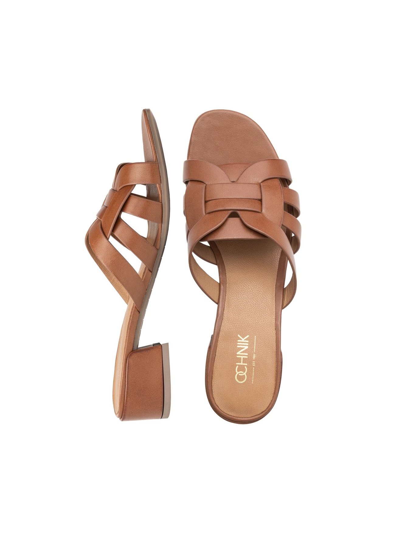 Women's leather mules on a block heel BUTYD-1265-1F(W26), product view from above on a white background.