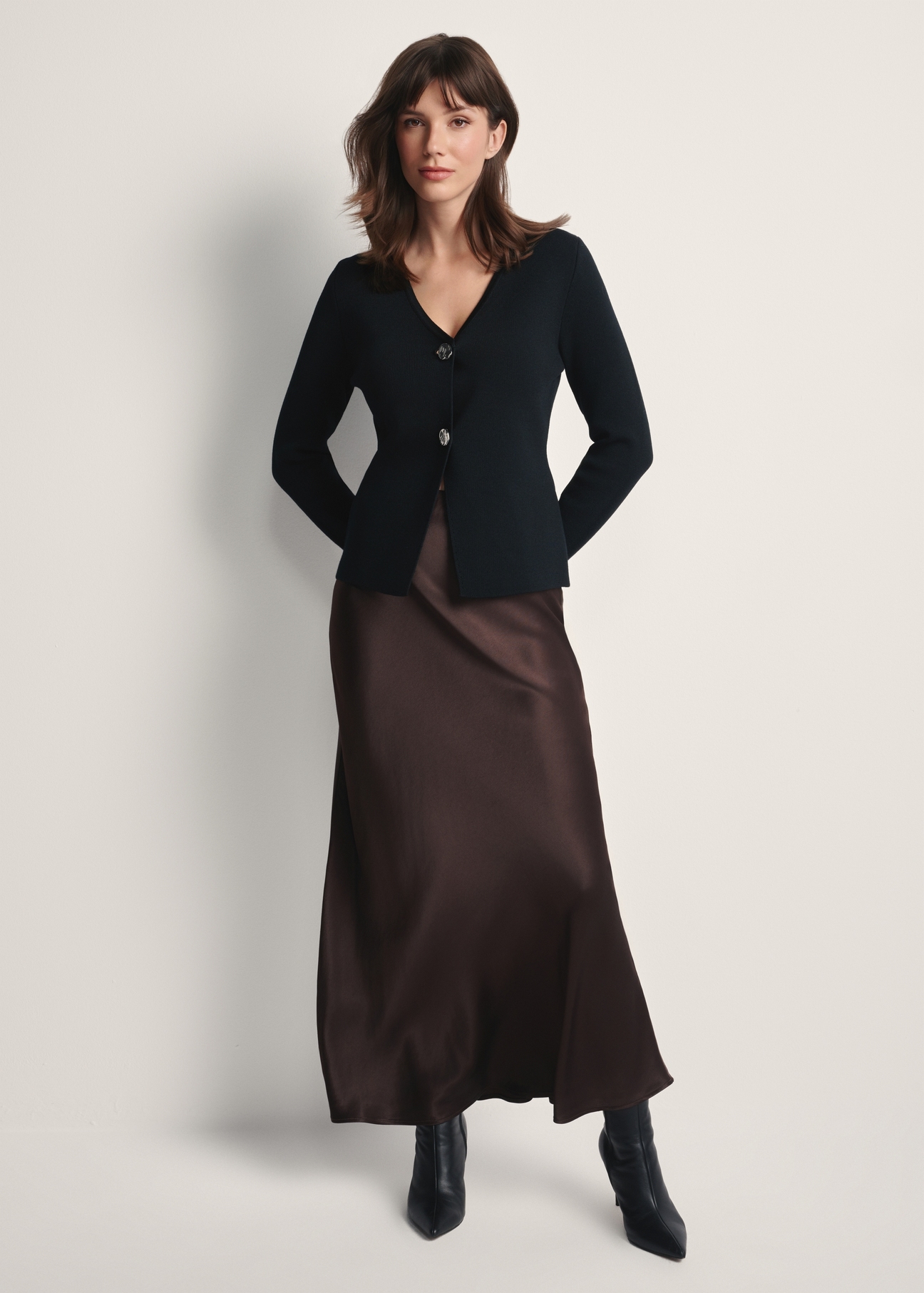 Women's black viscose and nylon cardigan KARDT-0056-99(Z25), front view of the product on the model. Full body visible.