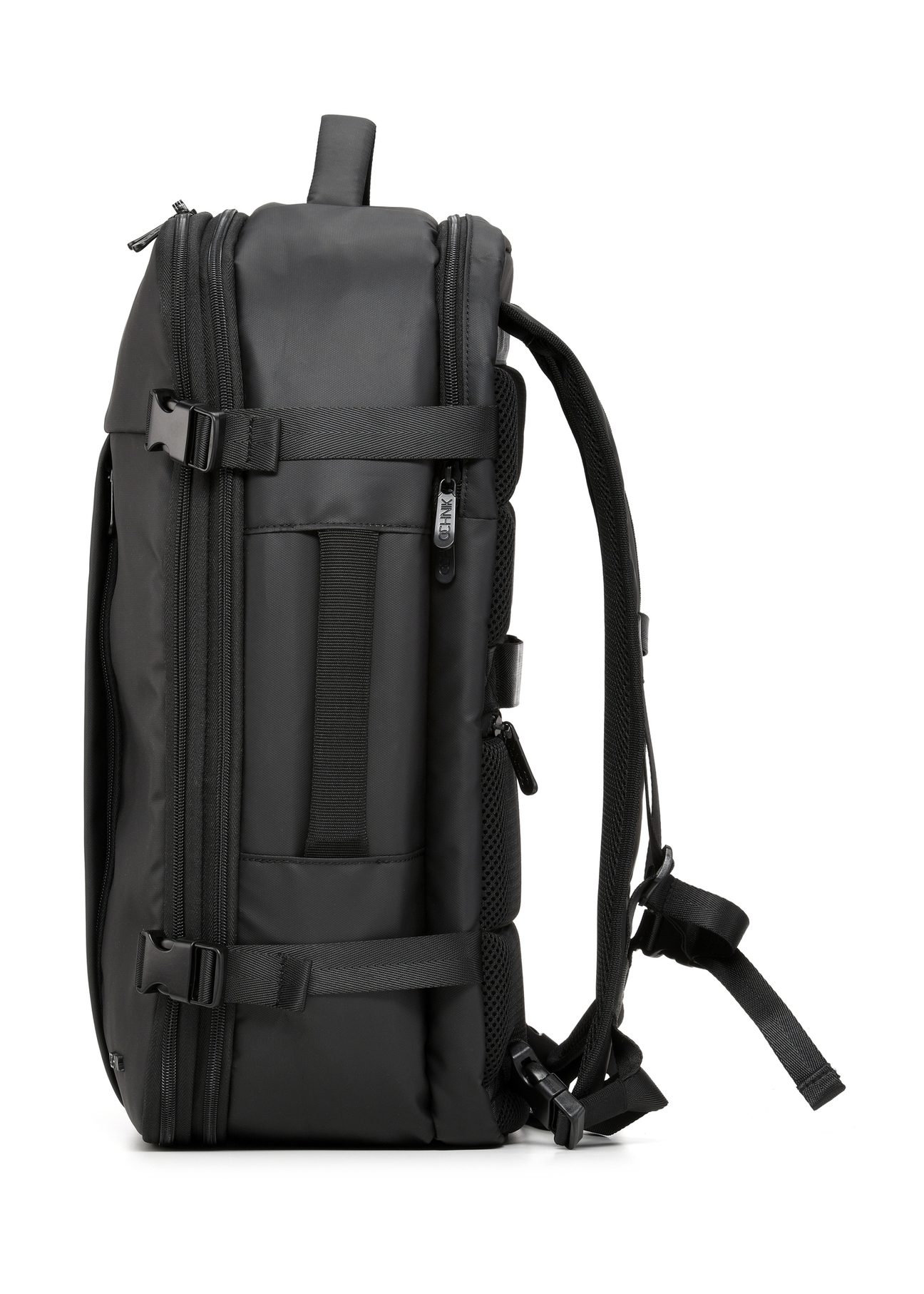 Black large travel backpack TORMN-0409-99(W26) - side product view, on white background.