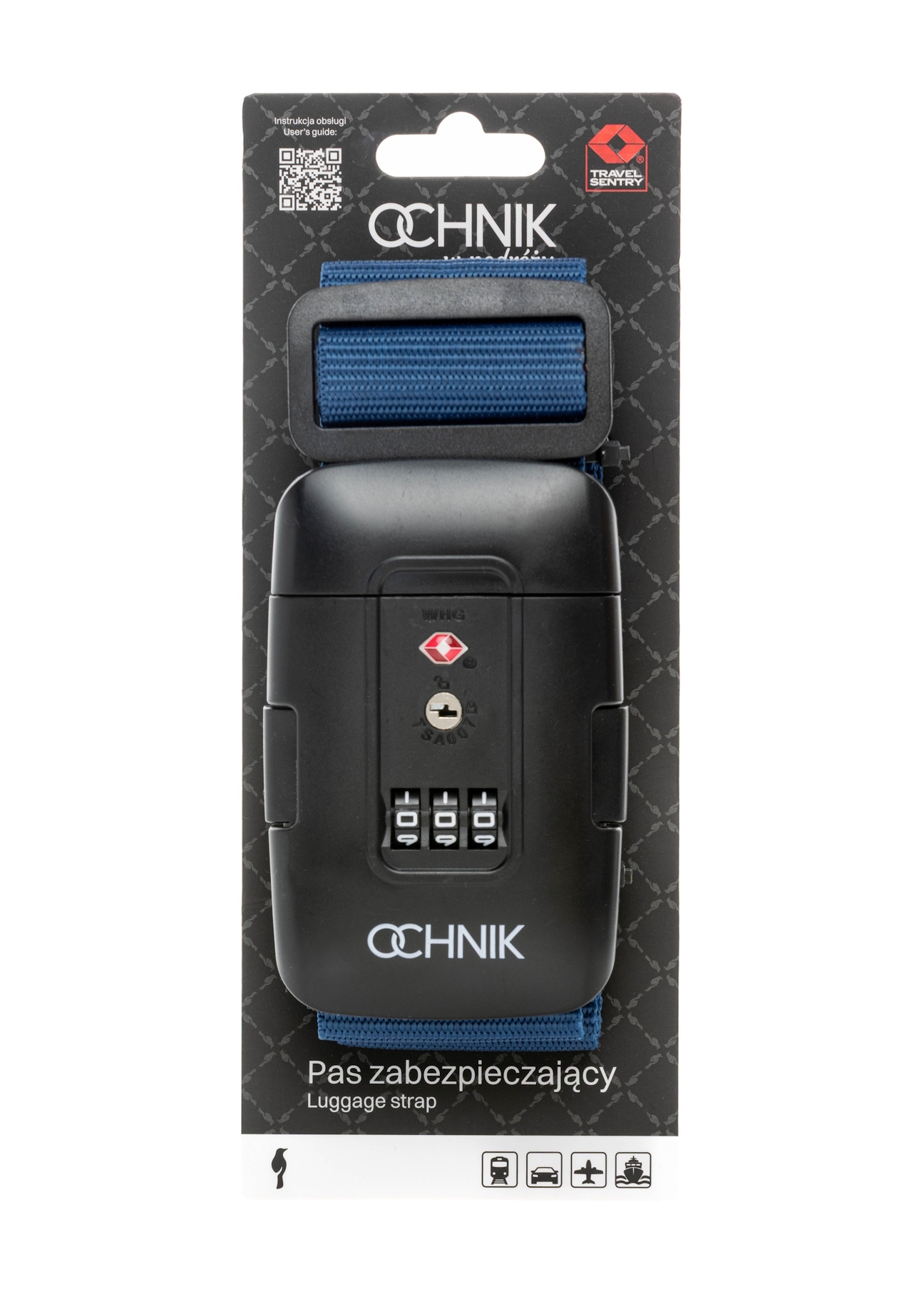 Navy blue luggage belt AW-011-004-7D(W26), product view with packaging on white background.