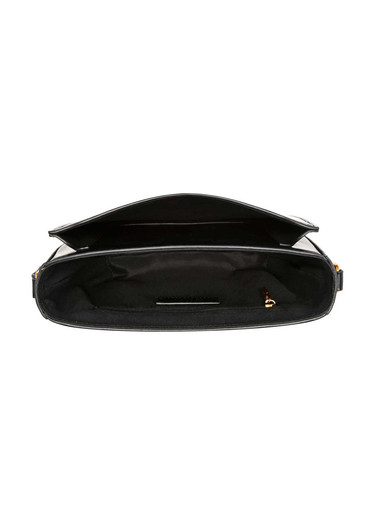 Small black women's messenger bag with a decorative clasp TOREC-1243-9F(Z26) - product view from above, on a white background.
