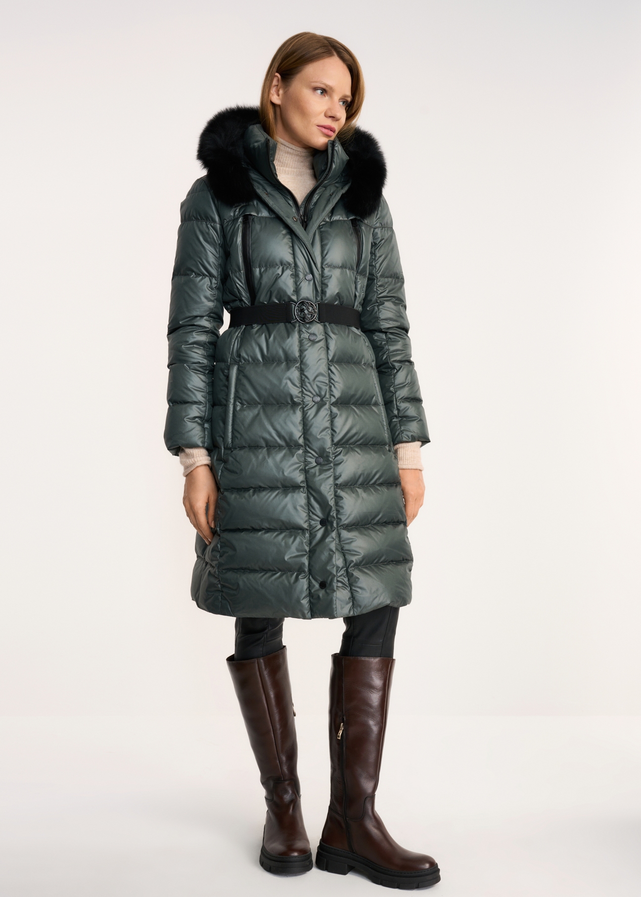 Women's down jacket with belt KURDT-0378-54(Z22)-02