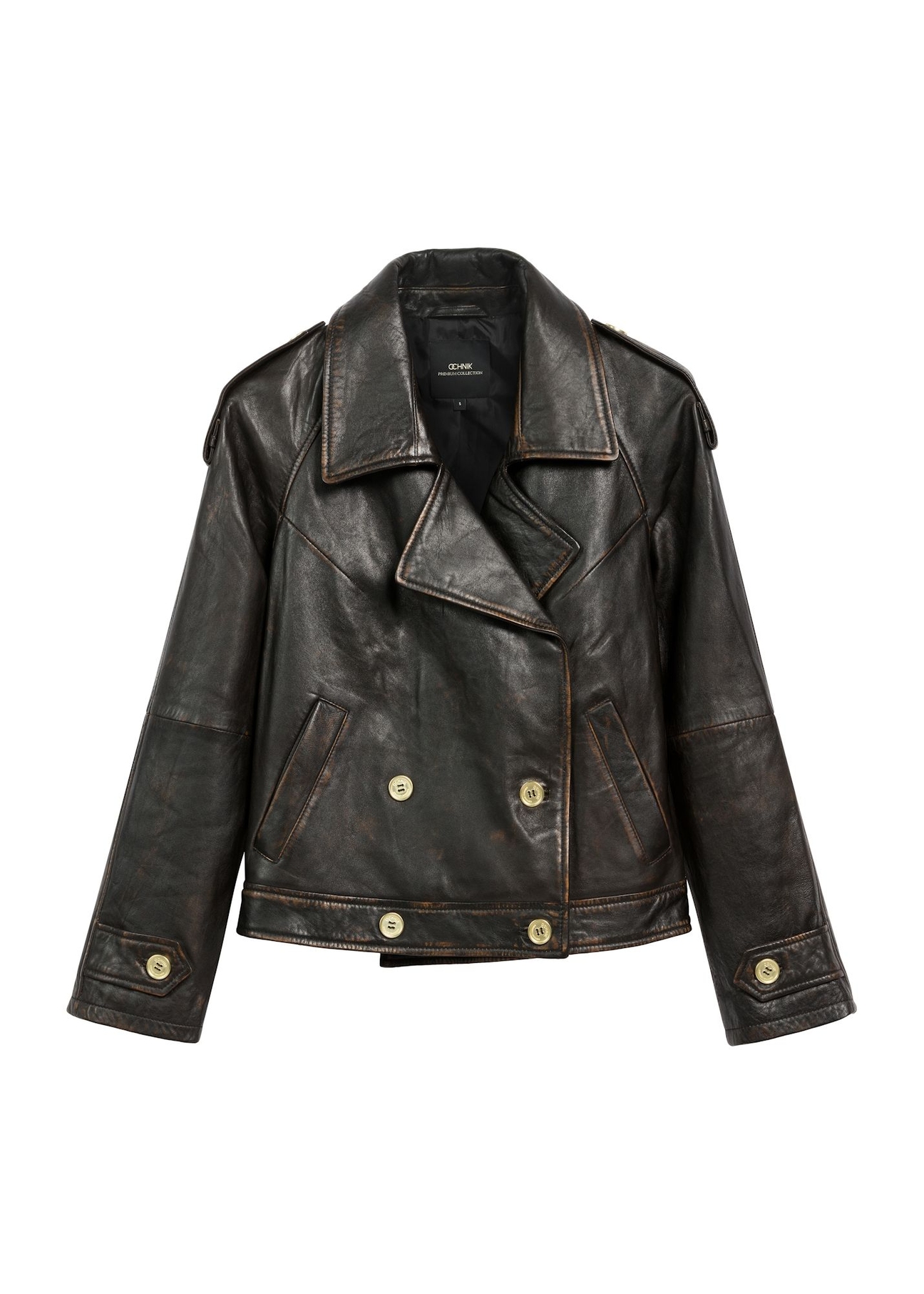 Brown oversize women's leather jacket KURDS-0553-2737(Z25), product view from the front on a white background.