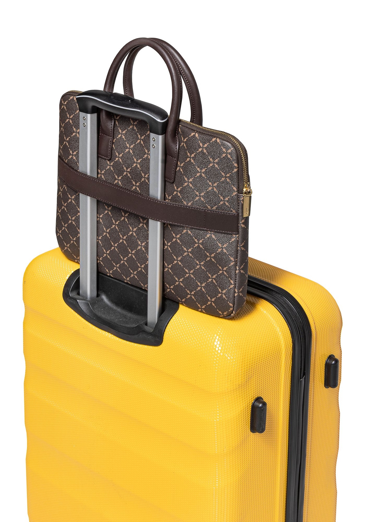 Brown laptop bag with monogram TOREC-1078-89(Z25) - view on a suitcase on a white background.