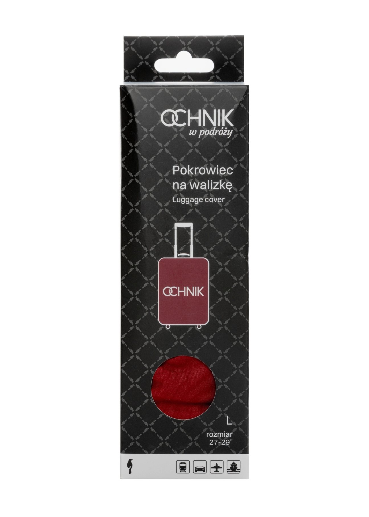 Red cover for a large suitcase with the AW-013-0002-4B-L(W26) logo, front view of the product in the packaging.