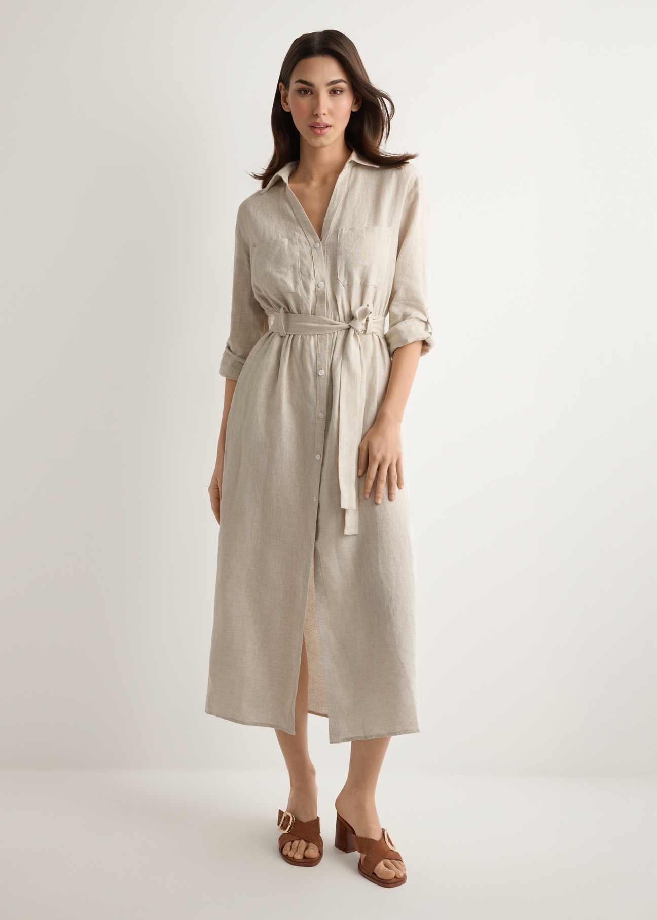 Beige linen midi dress SUKDT-0282-1A(W26), front view of the product on the model. Full silhouette visible.