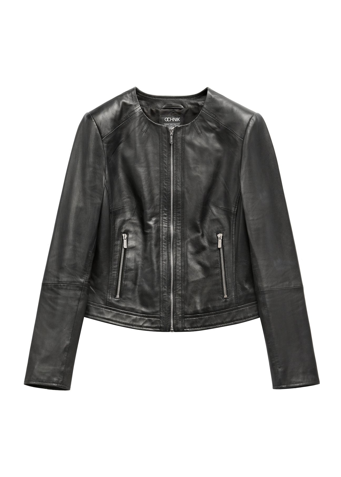 Black short women's leather jacket KURDS-0294-99(KS) - front product view, on white background.