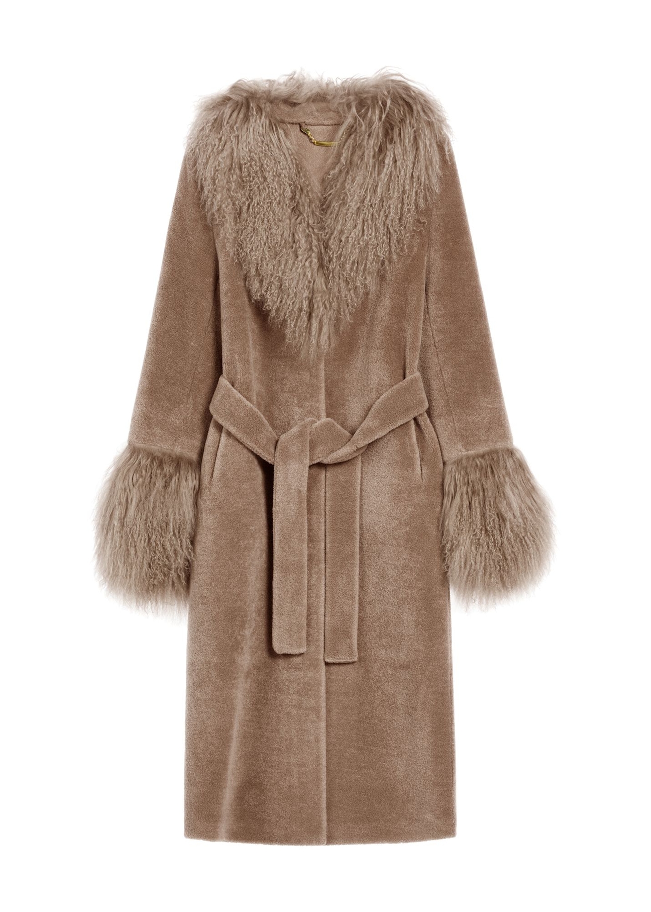Beige wool coat with fur FUTDW-0014A-1A(Z26) - front product view, on white background.