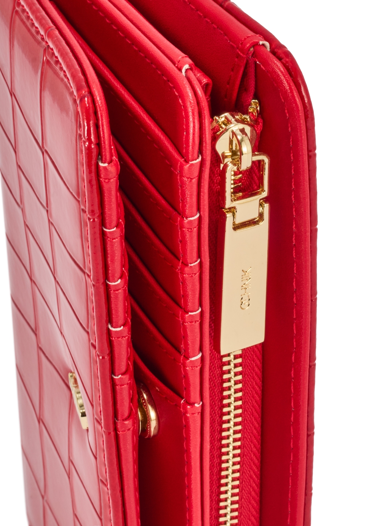 Small red women's croco wallet POREC-0352A-42(Z25), close-up of the product zipper, view on a white background.