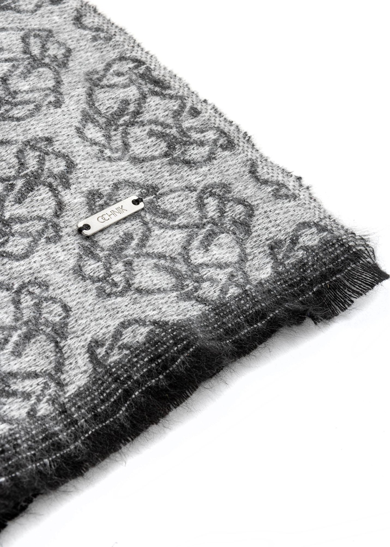 Large gray women's scarf with monogram SZADT-0130A-91(Z25), close-up of the product detail, view on a white background.