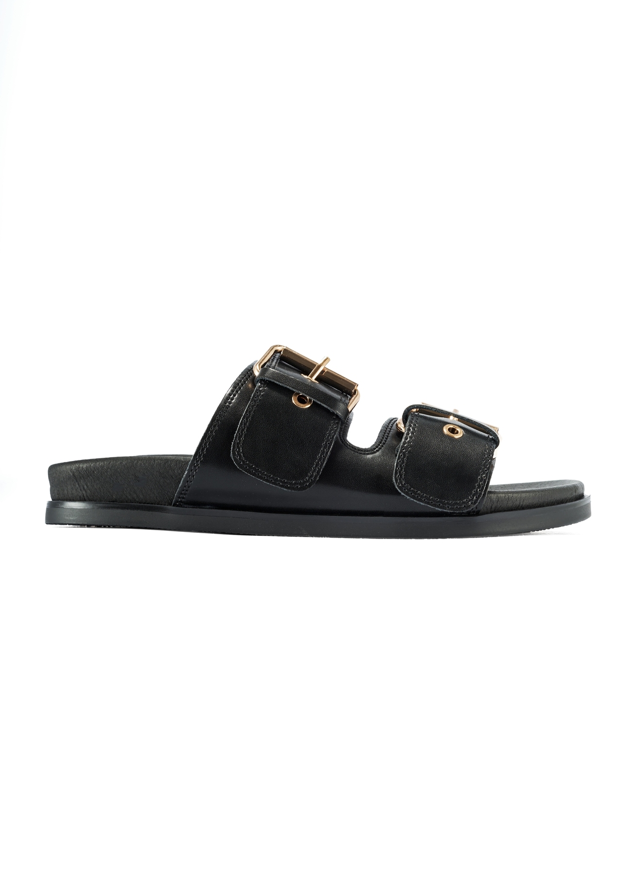 Black women's leather flip-flops BUTYD-1161-99(W25), product visible from the side on a white background.