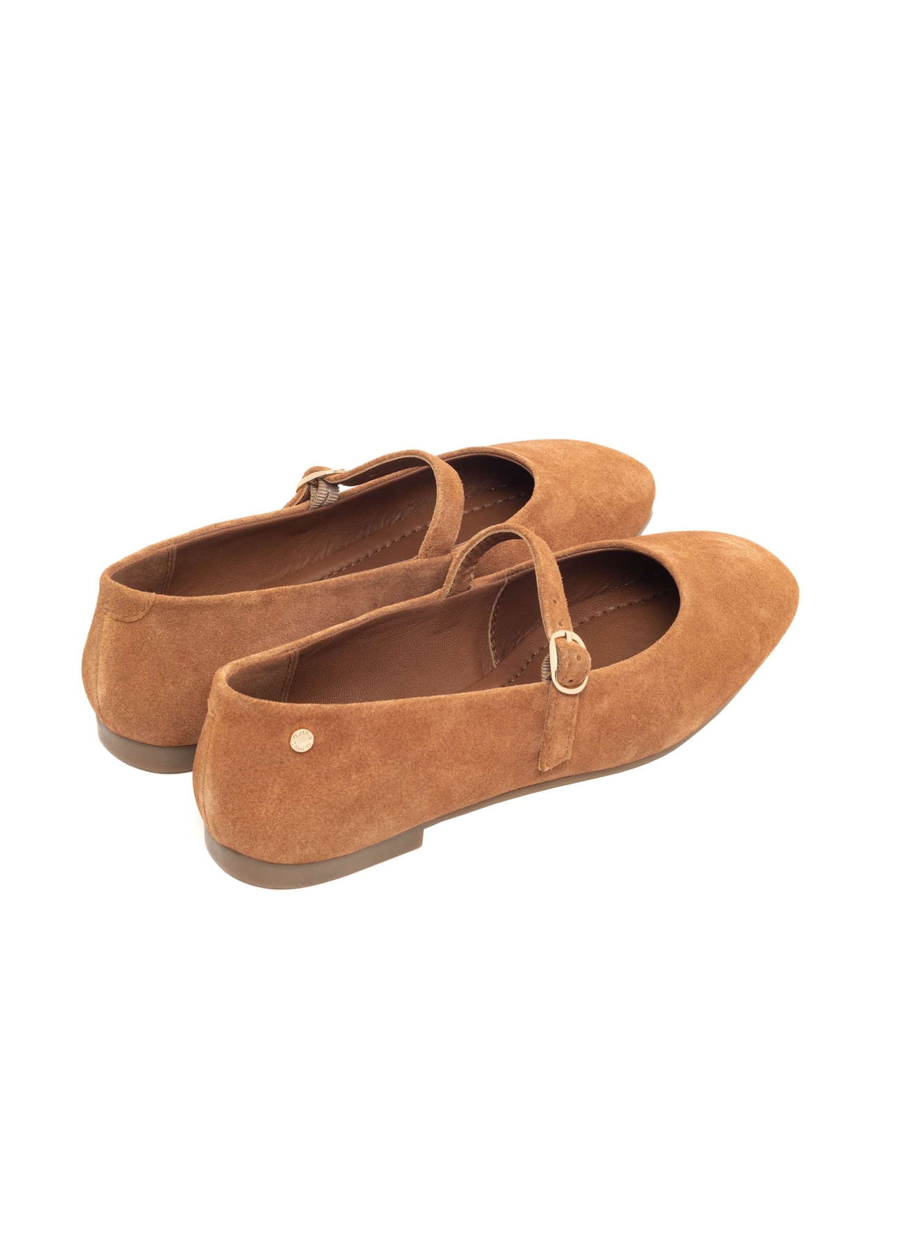 Cognac suede ballet flats with belt BUTYD-1145-1F(Z26), back view of the product on a light background.