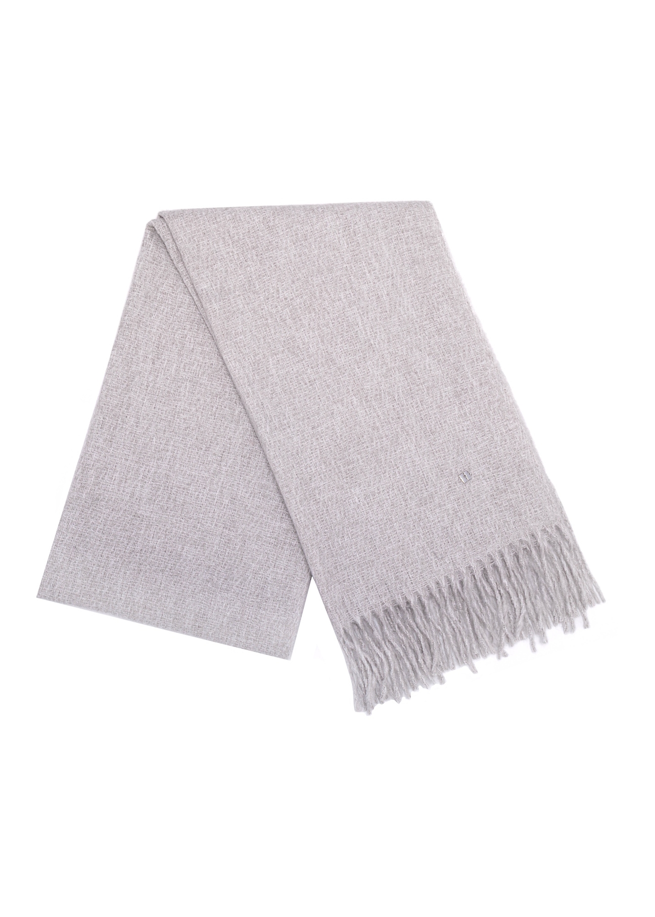 Gray women's scarf with fringes SZADT-0209-91(Z25), front view of the folded product on a white background.