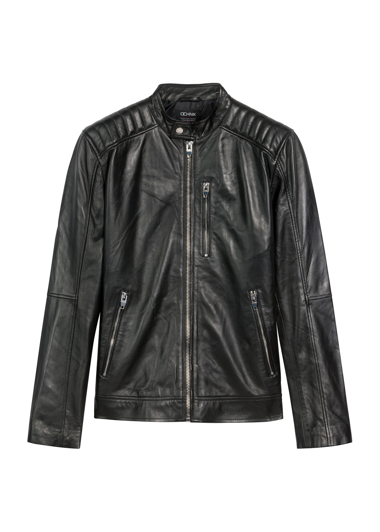 Men's leather jacket with stand-up collar KURMS-0191A-5491(KS), front view of the jacket on a white background.