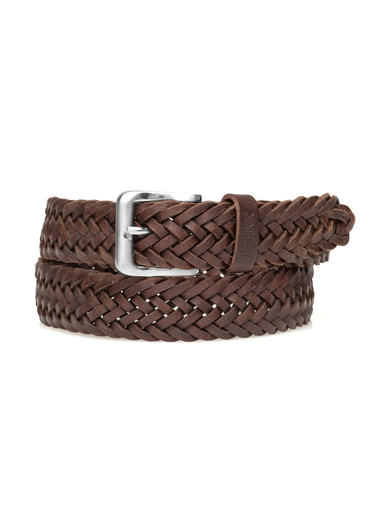 Brown braided men's belt PASMS-0283-1I(W26) - front product view, on white background.