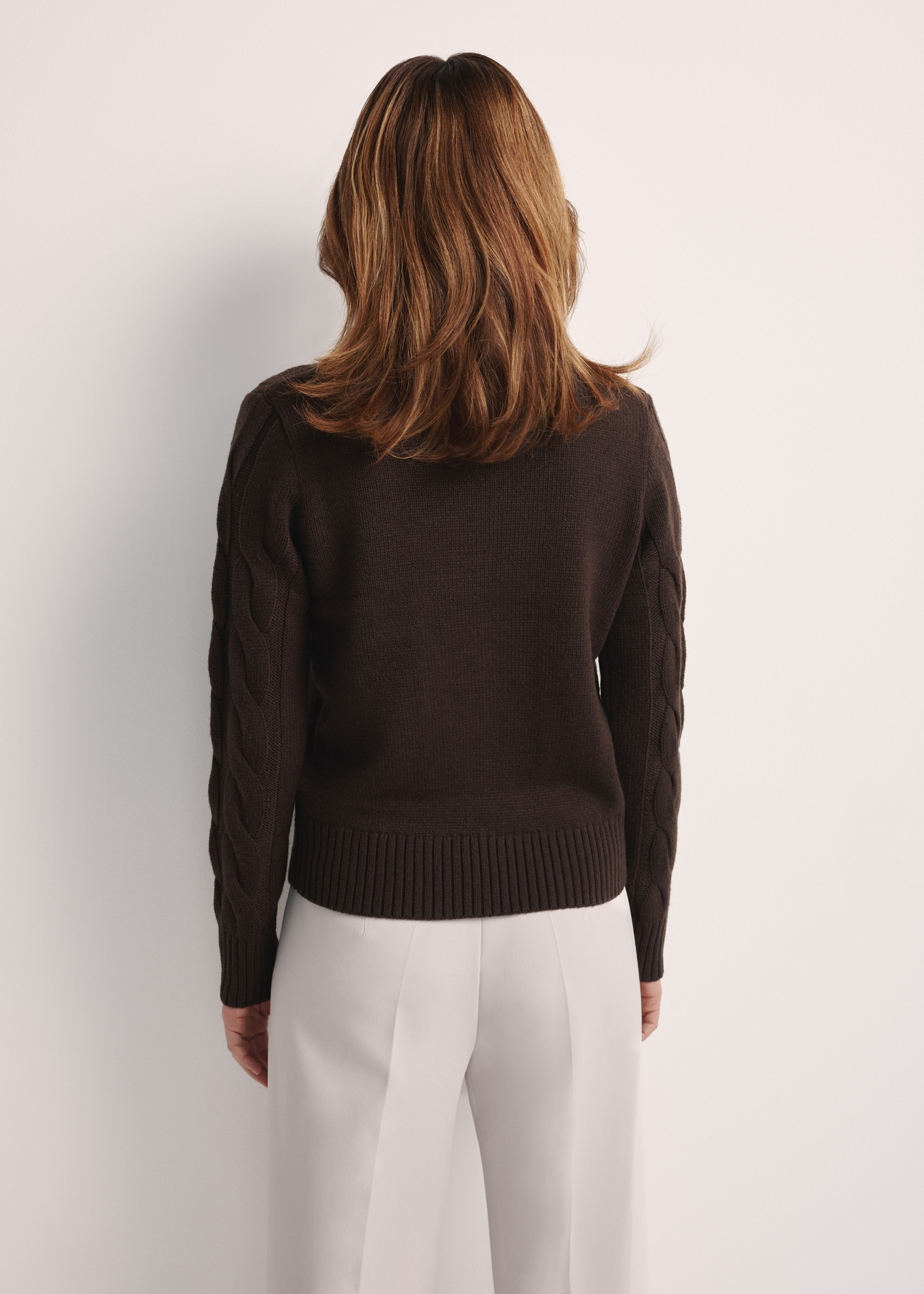 Chocolate women's sweater with decorative weave SWEDT-0210-90(Z25), product view from the back on the model. Half of the silhouette visible.