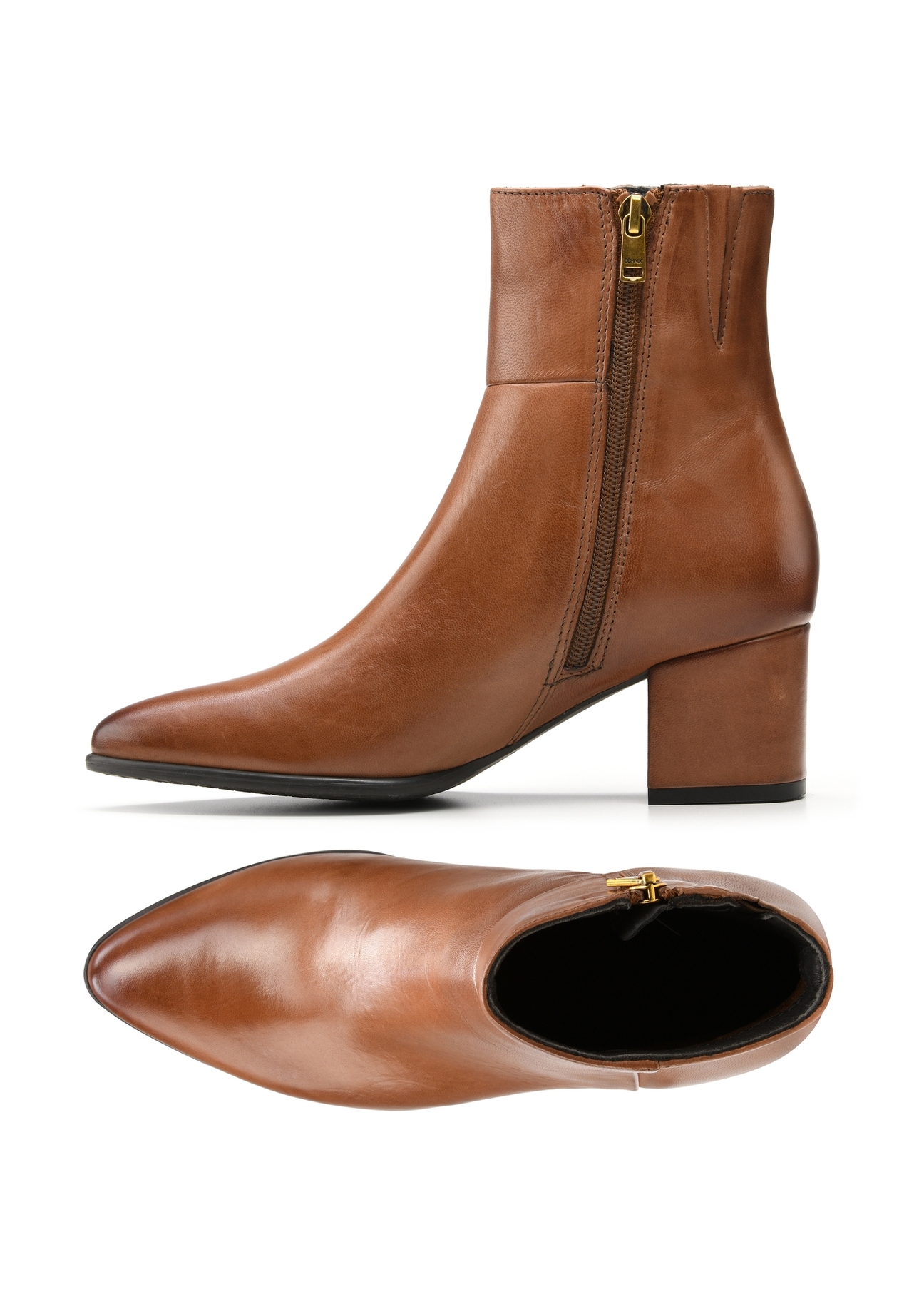 Women's leather ankle boots in cognac color BUTYD-1186-87(Z25), product view from the top and side on a white background.
