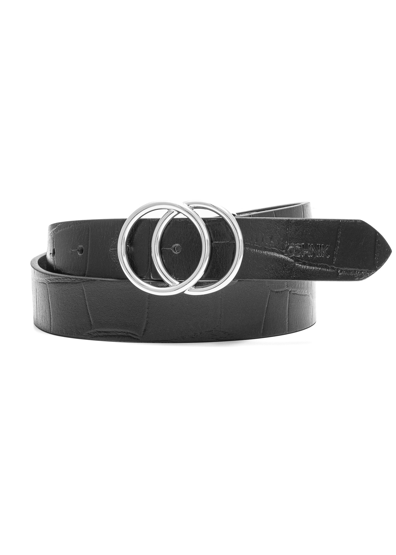 Black women's belt with croco motif PASDS-0172E-99(Z25), front product view on white background.