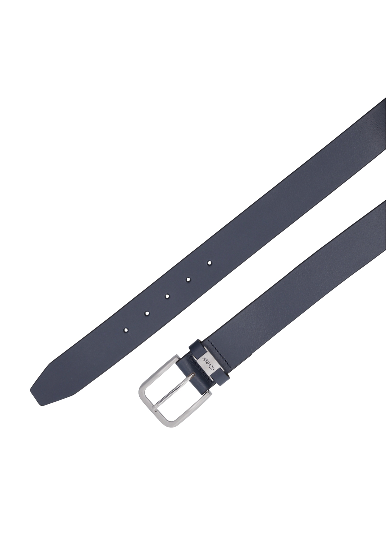 Navy blue men's leather belt PASMS-0273-69(Z26), close-up of the product clasp, view on a white background.