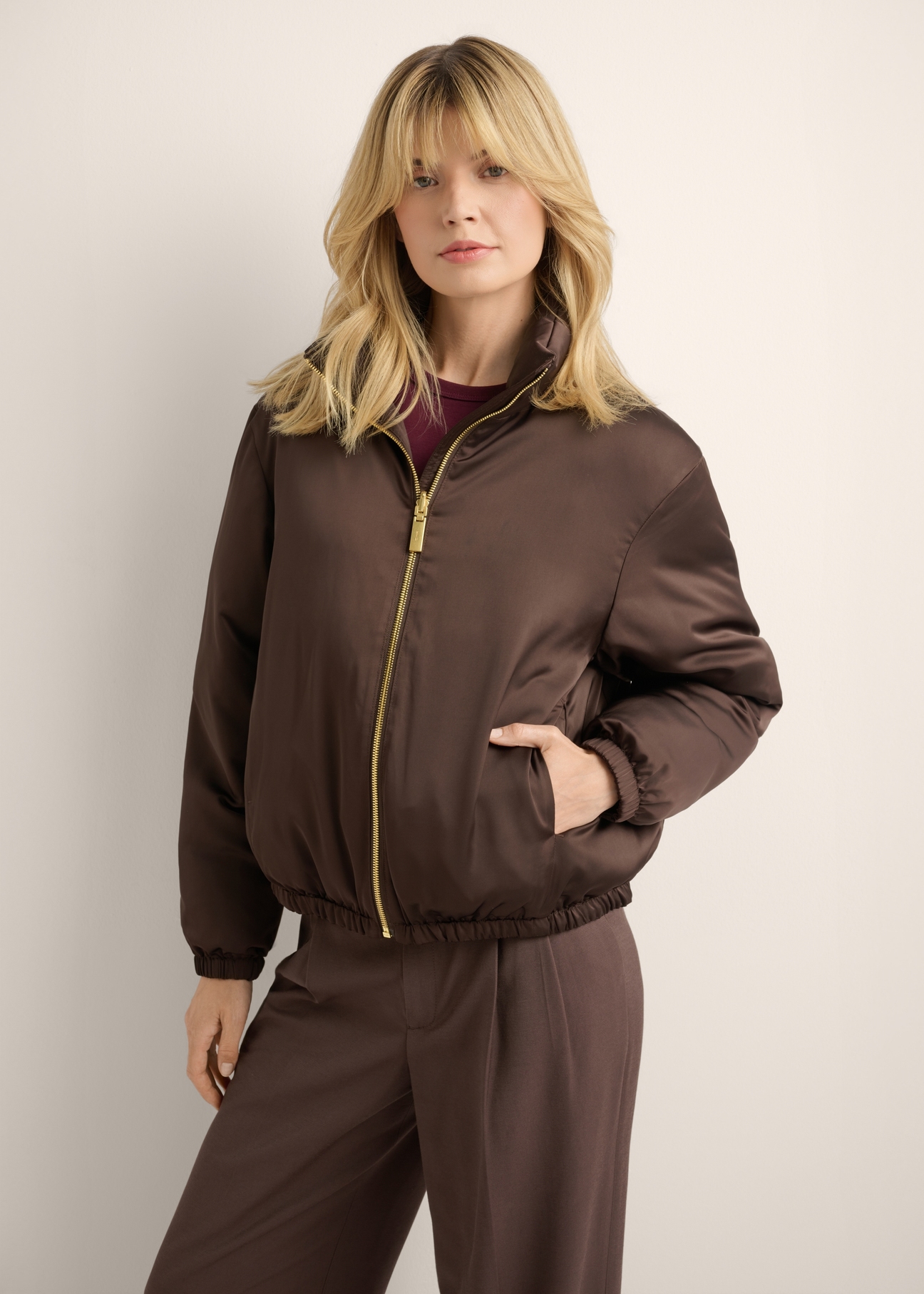 Dark brown reversible women's jacket KURDT-0693-1I(Z26) - front view of the product, on a model, against a light background. Half-length silhouette visible.