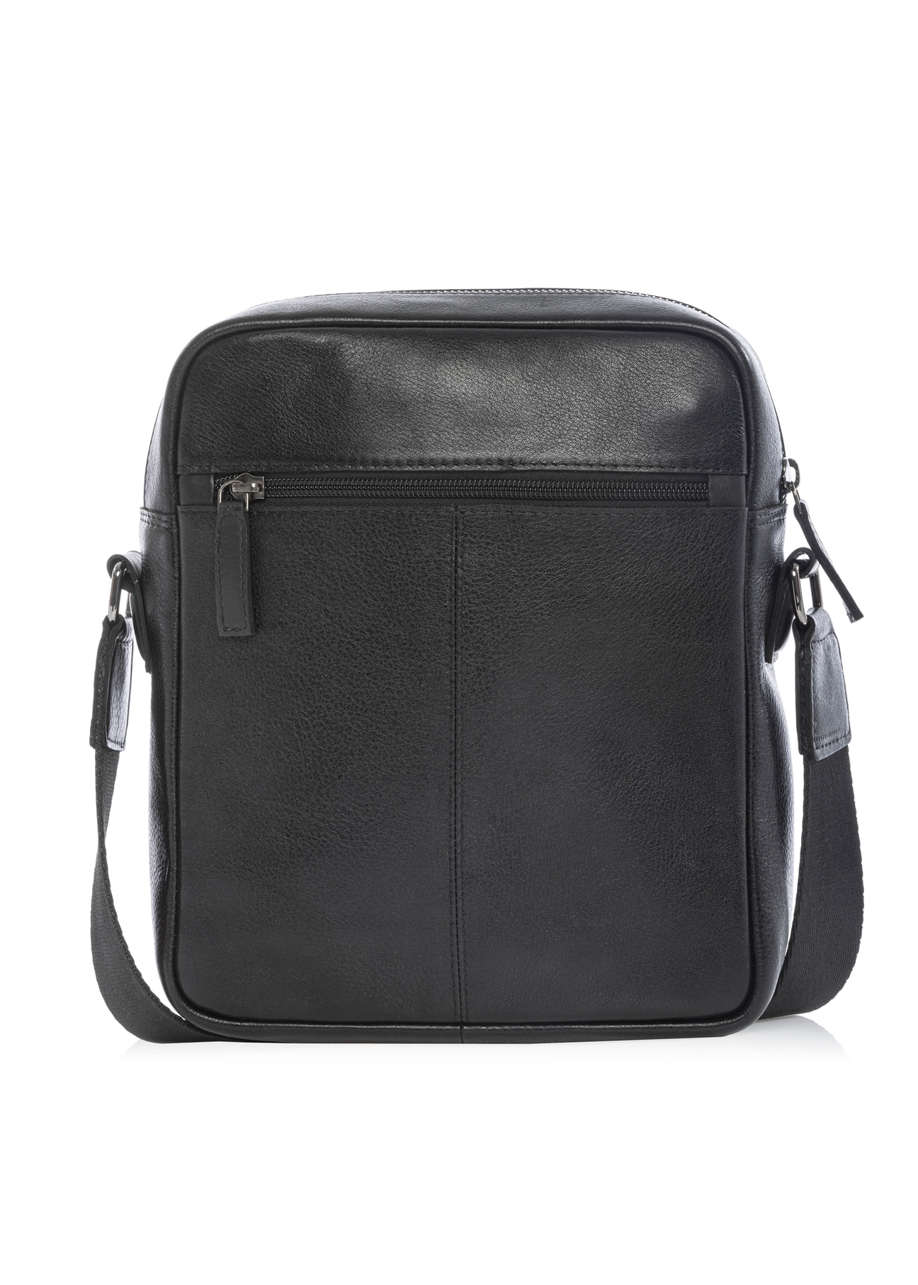Men's black leather messenger bag TORMS-0499-99(W26), back view of the product on a white background.