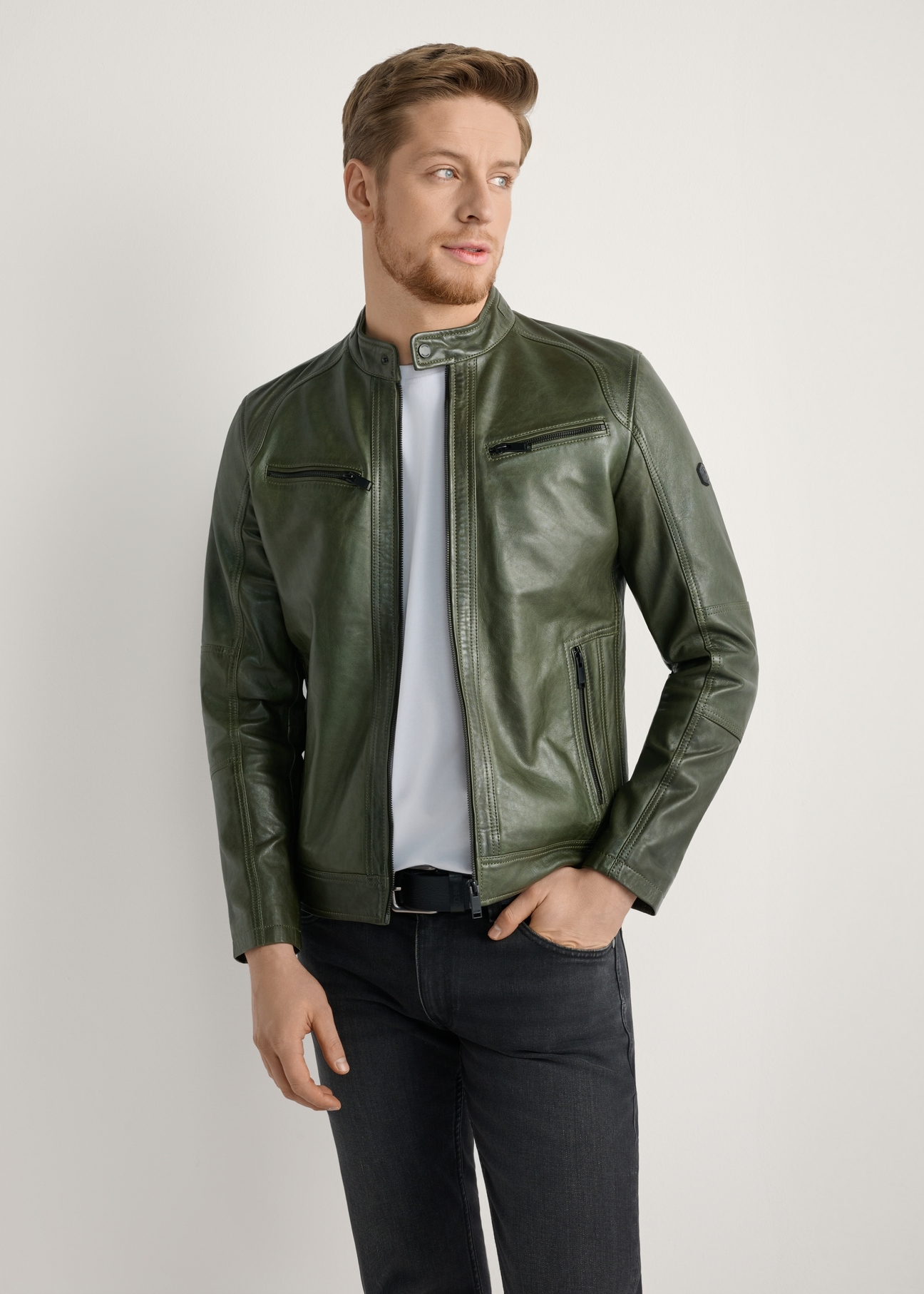 Men's Khaki Leather Jacket KURMS-0338-8D(W26) - Front product view on model, against a light background. Knee-length silhouette visible.