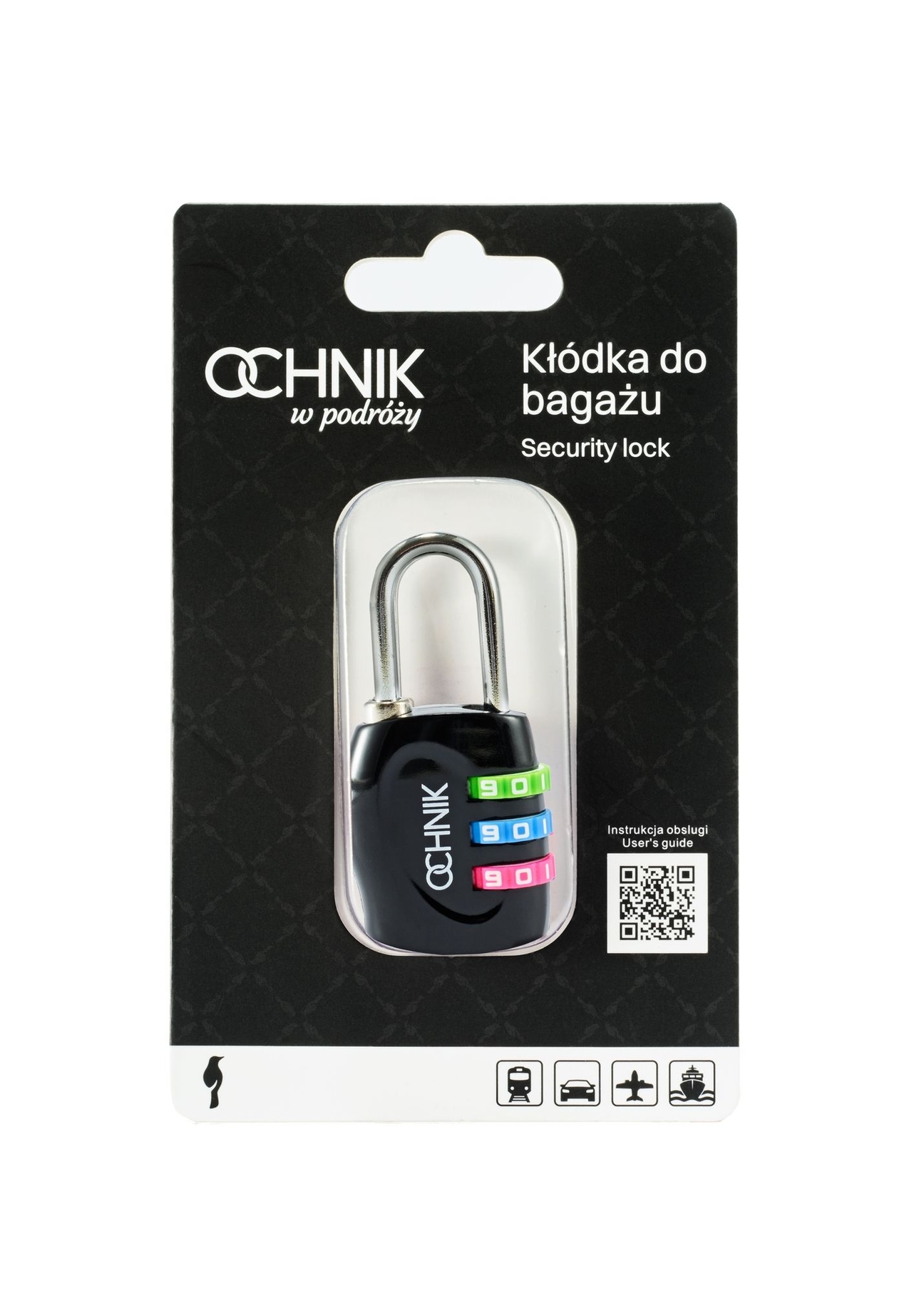 Black combination padlock AW-015-0005-99(W26), front view of the product in the packaging on a white background.