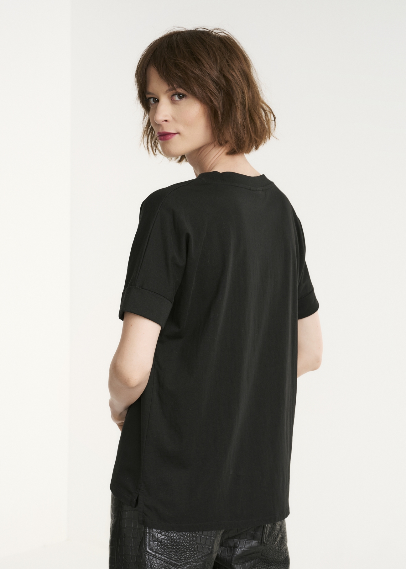 Black Women's T-shirt with gold print TSHDT-0102-99(Z22)-03