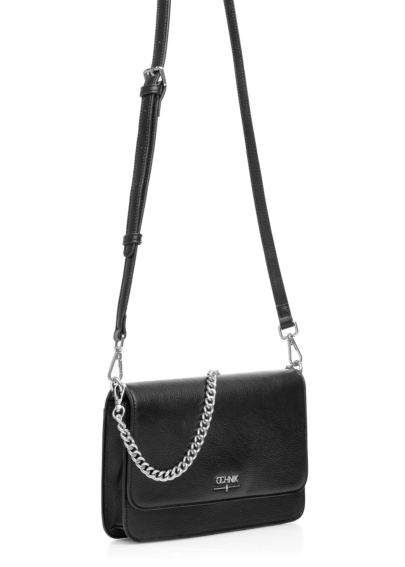 Black women's handbag with chain TOREC-1047-99(Z25), product view with strap on white background.