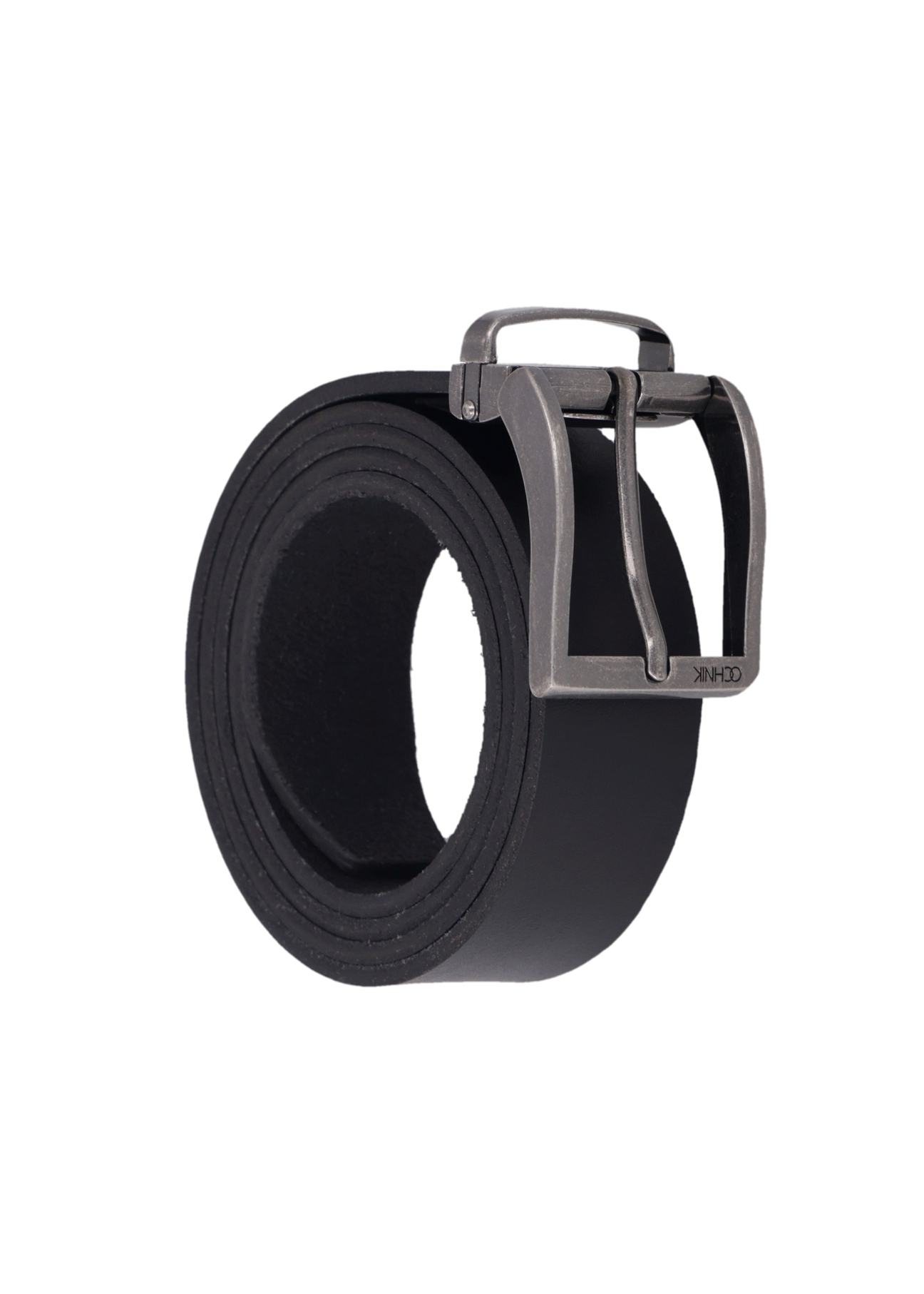 Men's black leather belt PASMS-0289-99(Z26), diagonal product view on white background.