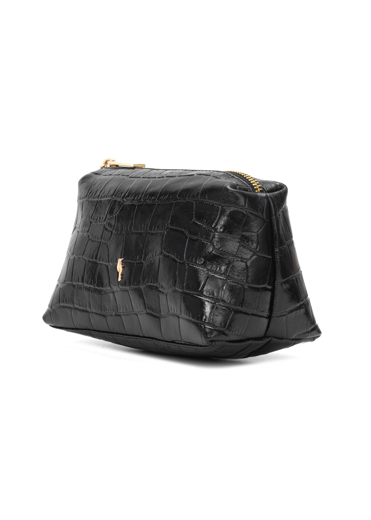 Black croco leather cosmetic bag TORES-1235-9G(W26), diagonal product view on white background.
