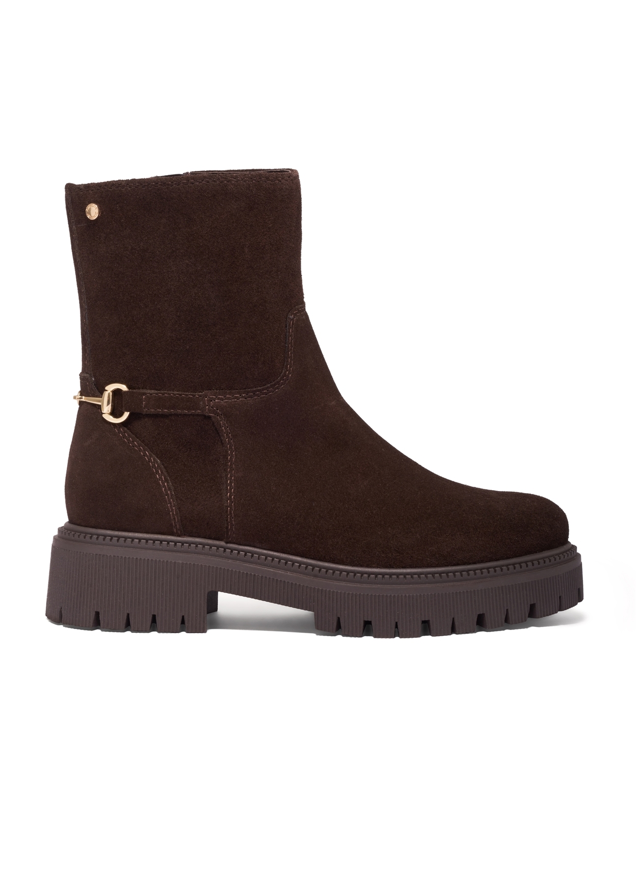 Dark brown suede women's ankle boots BUTYD-1282-1I(Z26), side product view on white background.