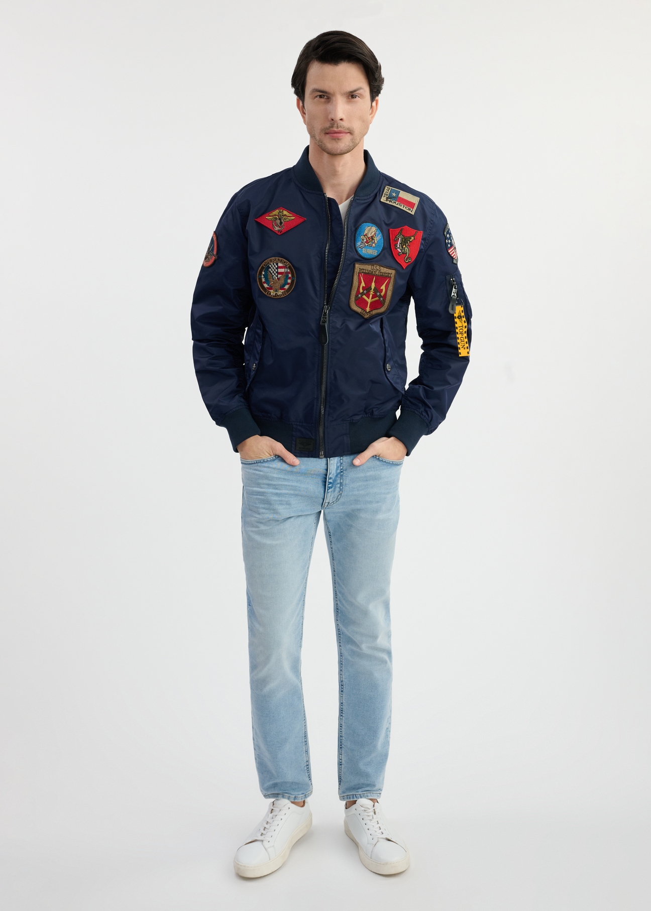 Navy men's TOP GUN KURMT-0381-69(W25) pilot jacket - front view on a model on a white background. Full silhouette visible.