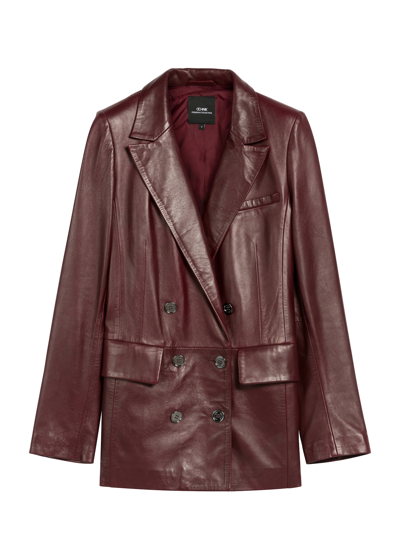 Burgundy women's leather jacket KURDS-0556-2869(Z25), product view from the front on a white background.