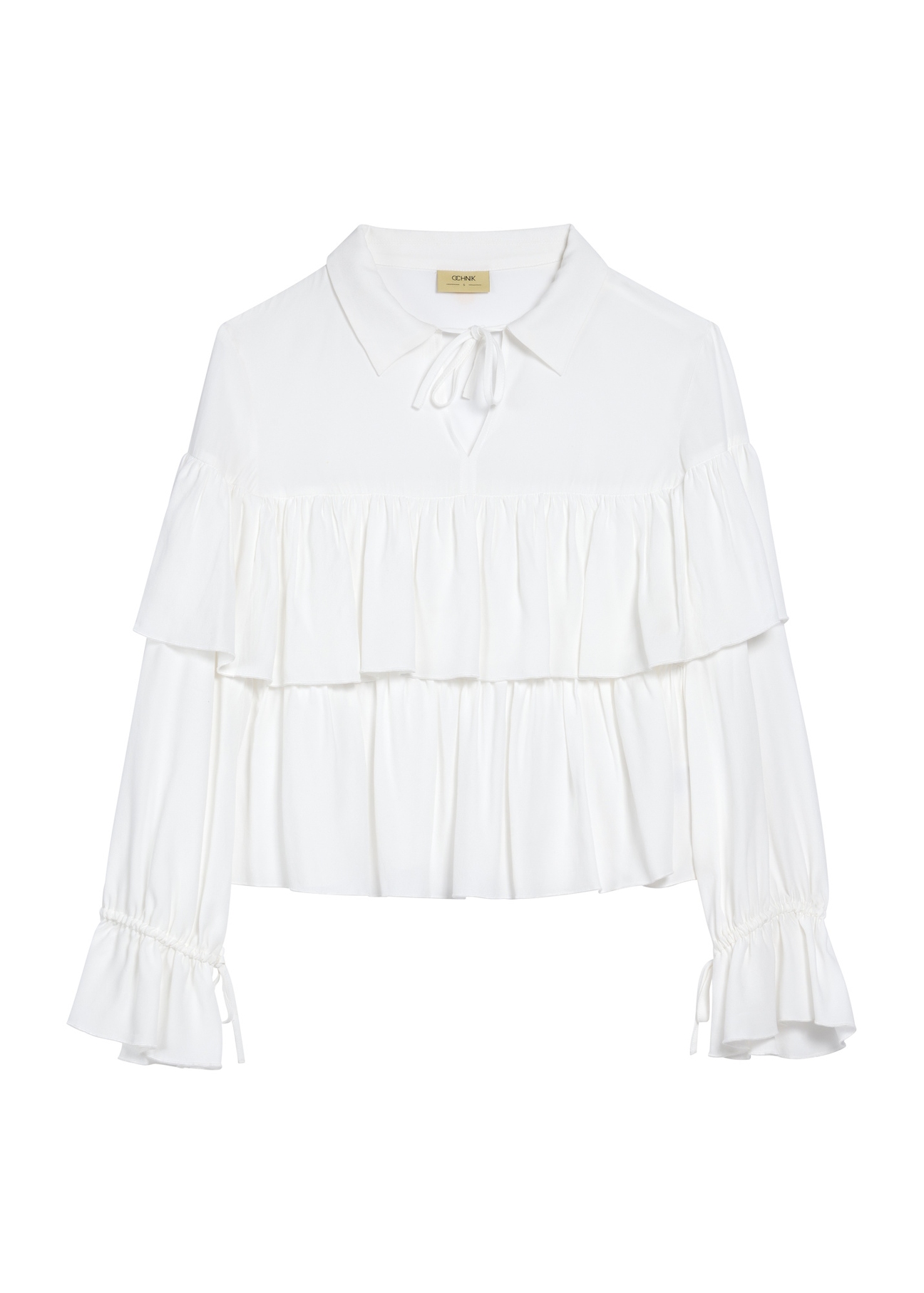 Women's white blouse with ruffles BLUDT-0198-12(Z25) - front product view on white background.