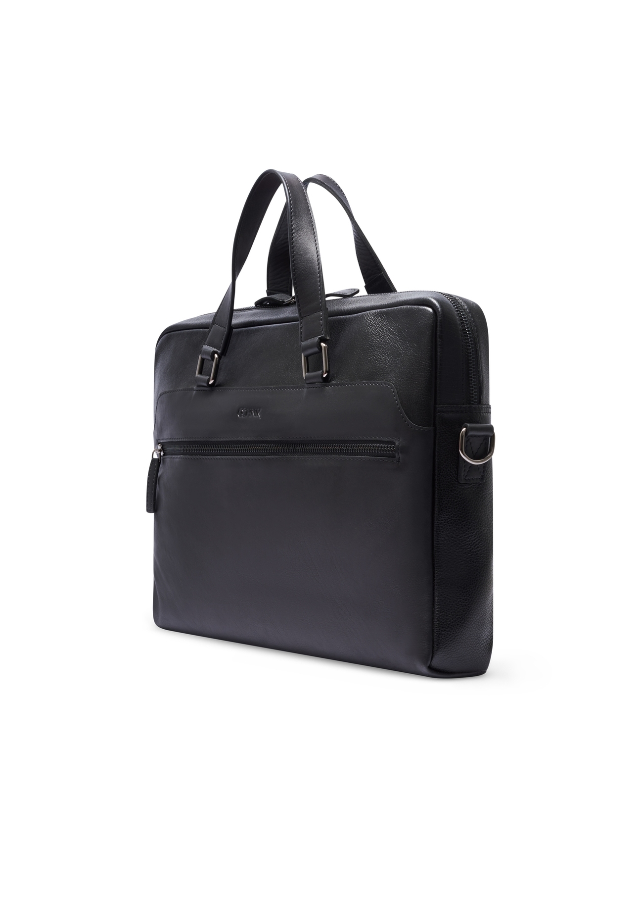 Black leather laptop bag TORMS-0496-99(W26) - diagonal product view, on white background.