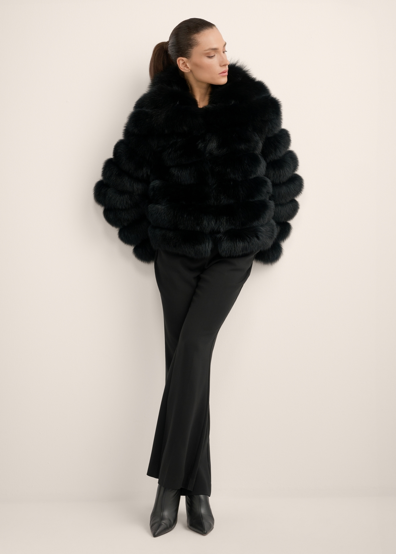 Women's black fur coat with collar FUTDF-0100-99(Z26), front view of the product on a model. Full body visible.