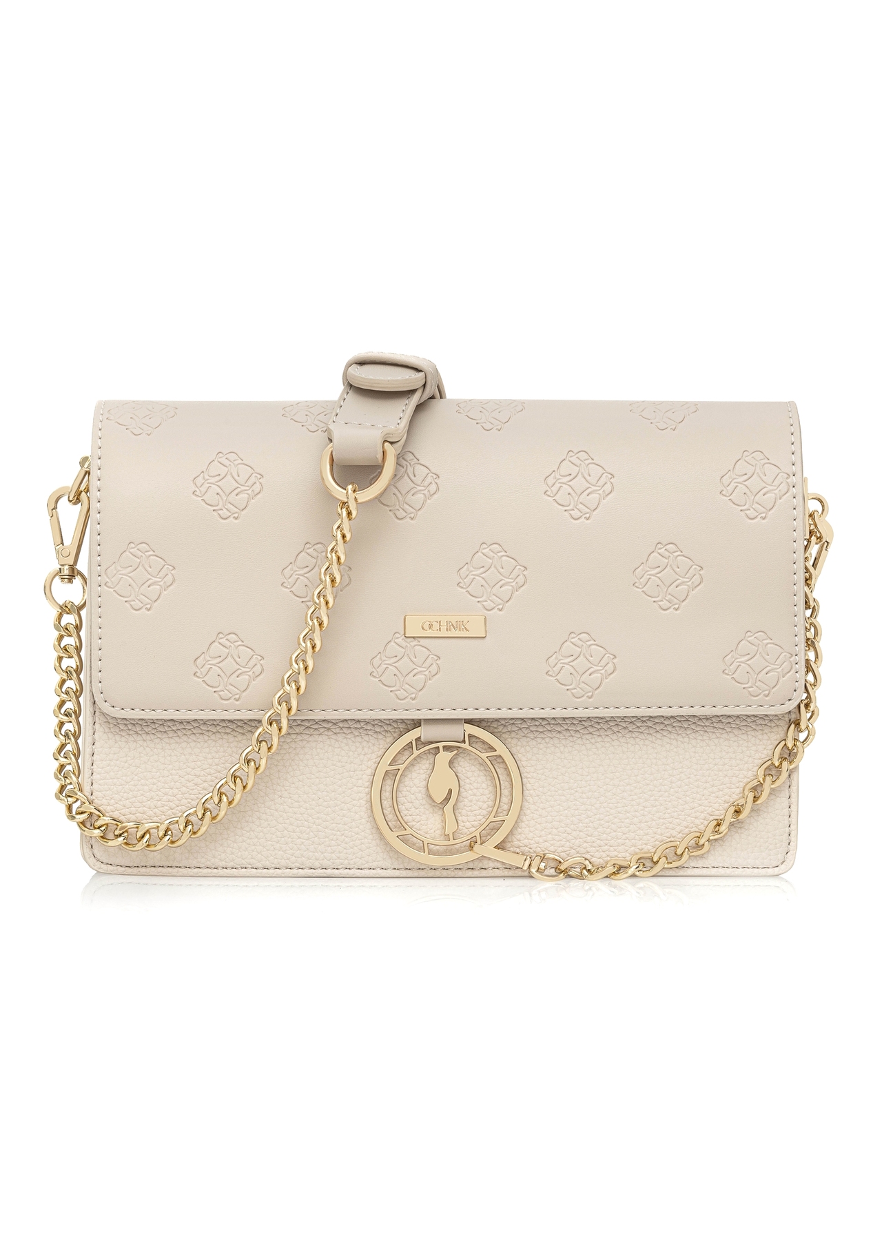 Cream women's handbag with monogram TOREC-0536-0B(W26), product view from the front on a white background.