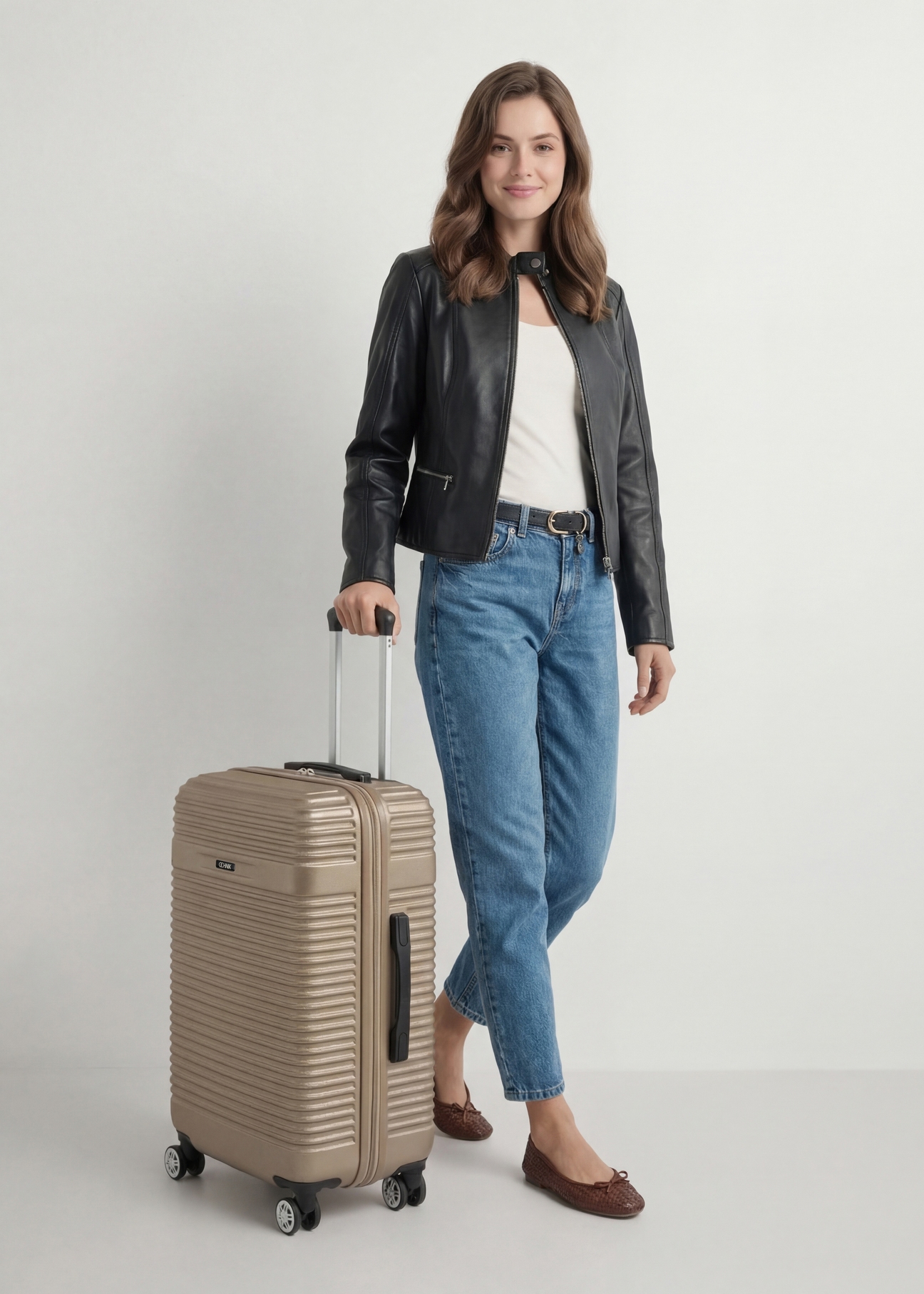 Medium suitcase on wheels WALAB-0040-2X-24(W26), product view diagonally next to the model, the entire silhouette is visible.