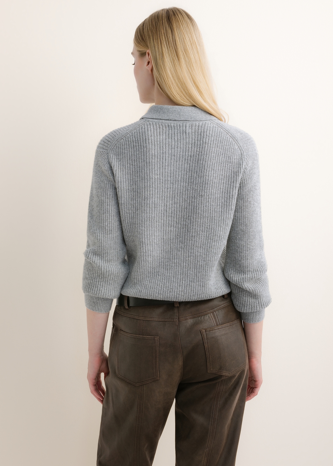 Grey women's wool-blend sweater SWEDT-0286-9B(Z26), back view on a model. Half-body shot.