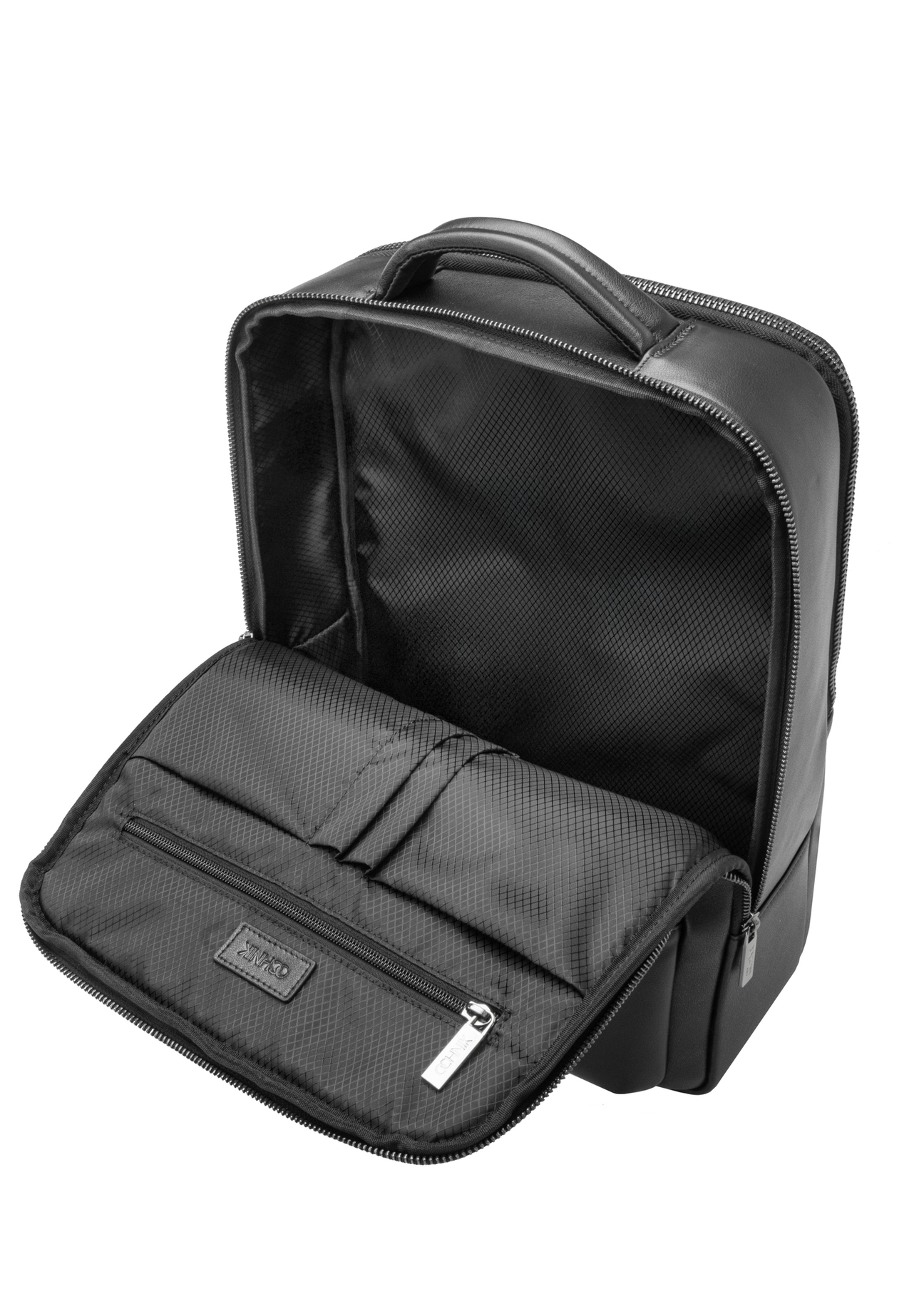 Men's black leather backpack PLCMS-0024-99(W26) - product view from above, on a white background.