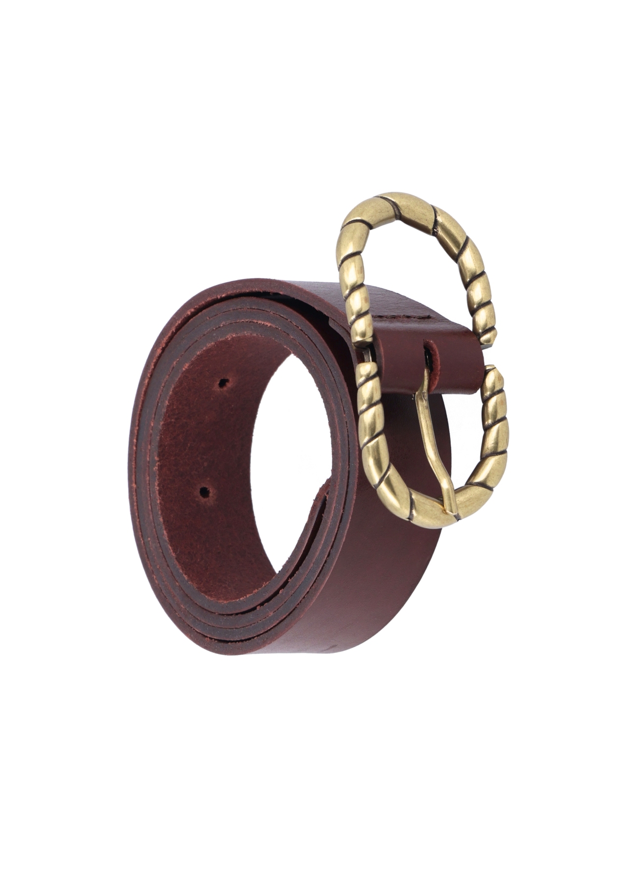Brown leather belt with decorative buckle PASDS-0354-1H(Z26), diagonal product view on white background.