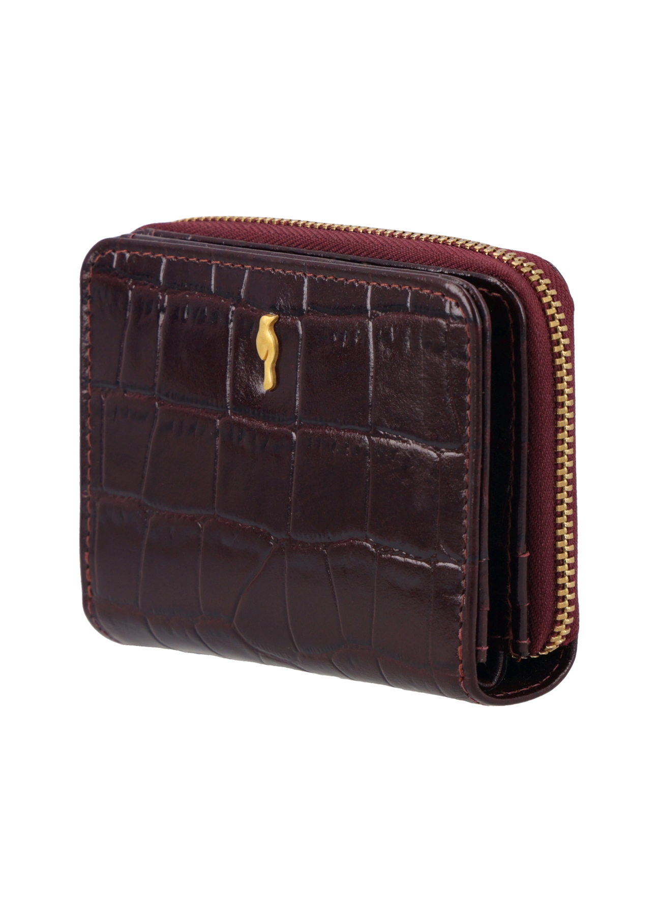Burgundy women's croco wallet PORES-0888B-4D(Z26), diagonal product view on white background.