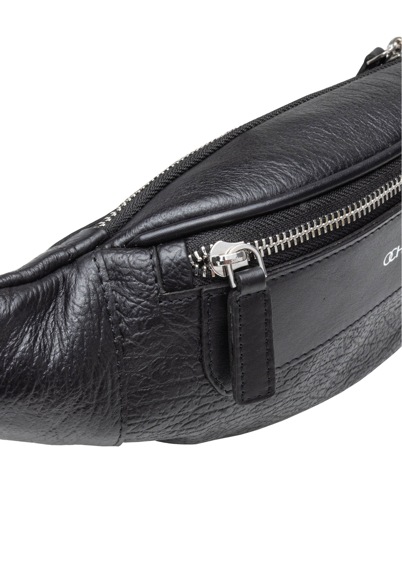 Men's black leather waist bag with TORMS-0295A-99(Z25) logo - close-up of detail on white background.