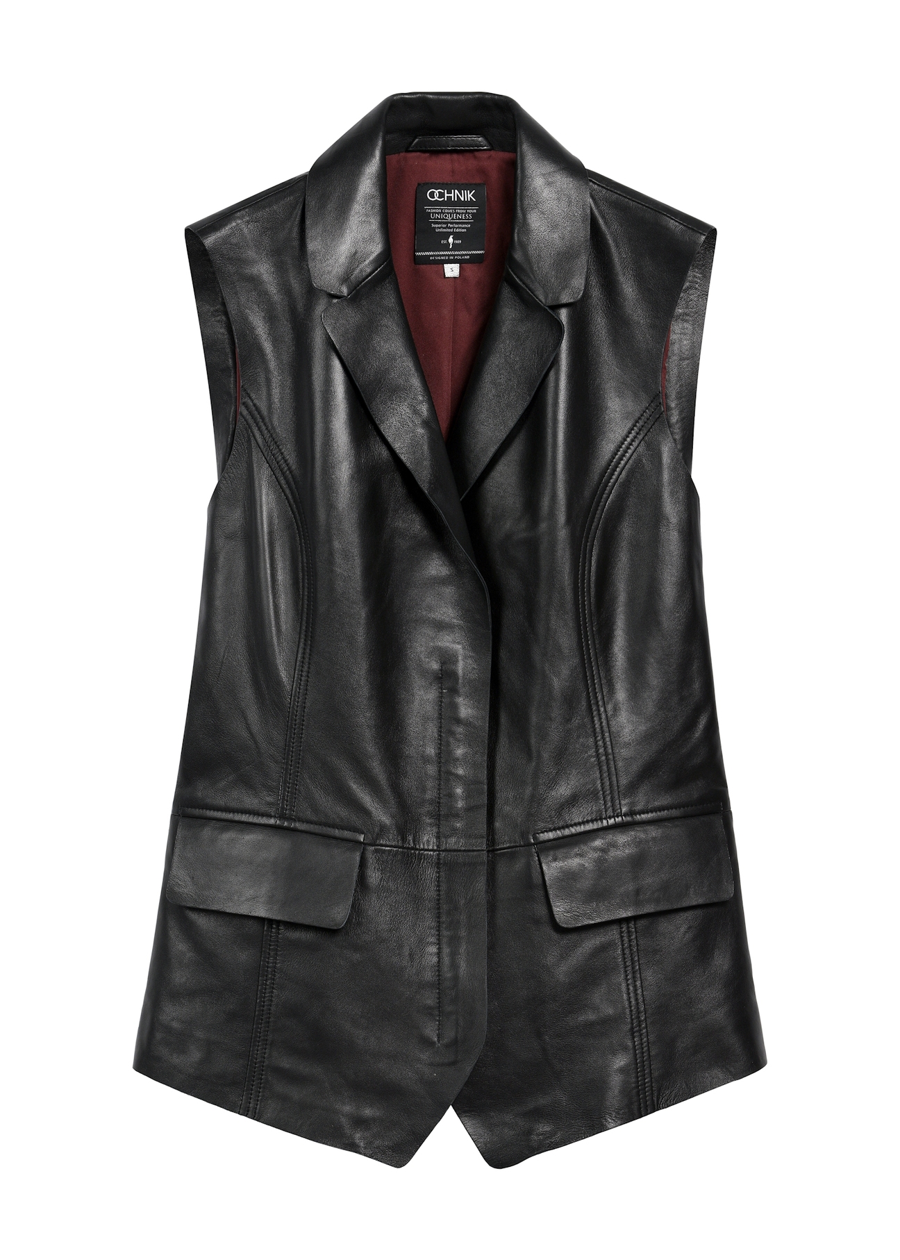 Black women's leather vest KAMDS-0010-5344(Z25), product view from the front on a white background.
