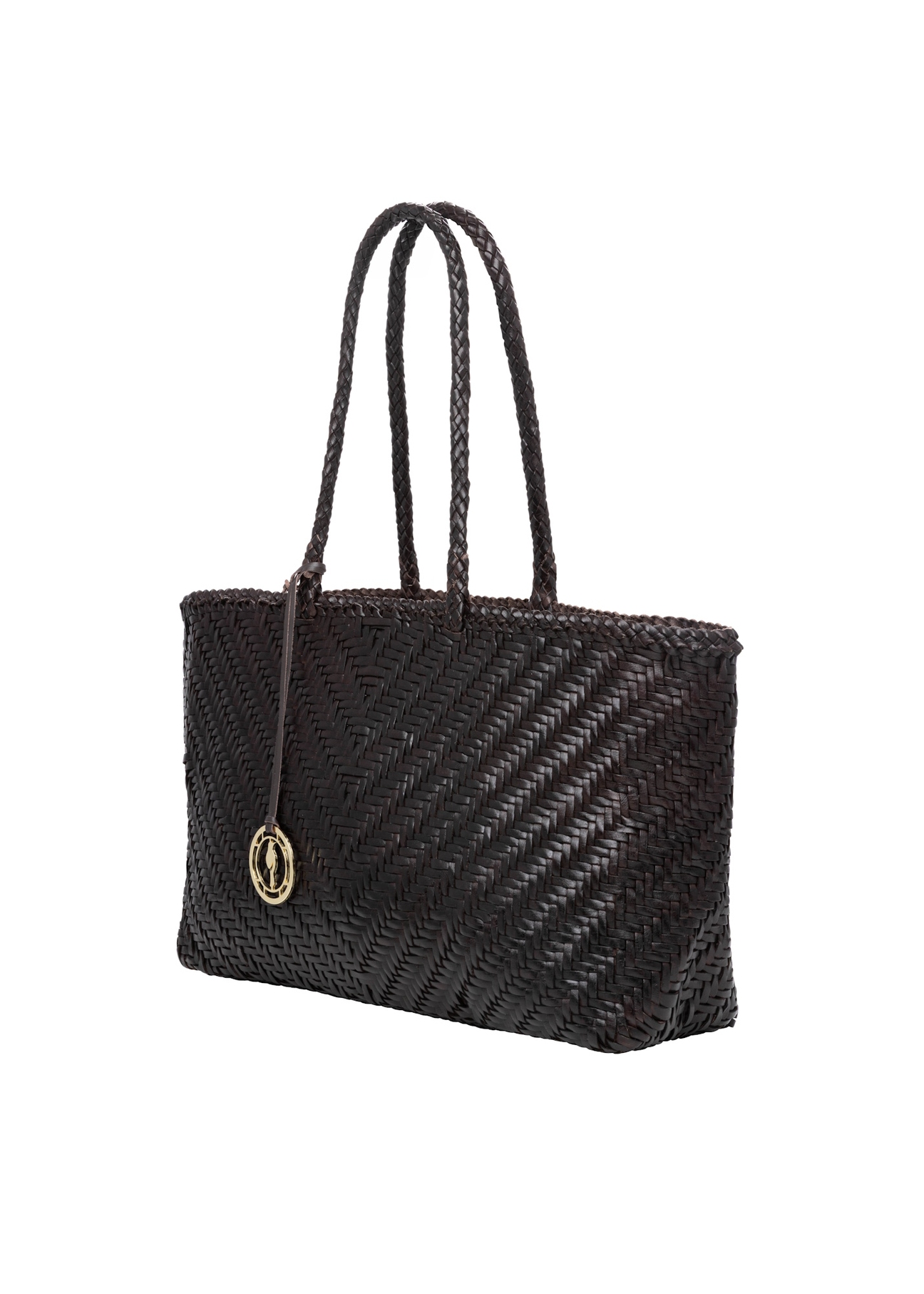 Dark brown woven women's handbag TORES-1301-1I(W26), diagonal product view on white background.
